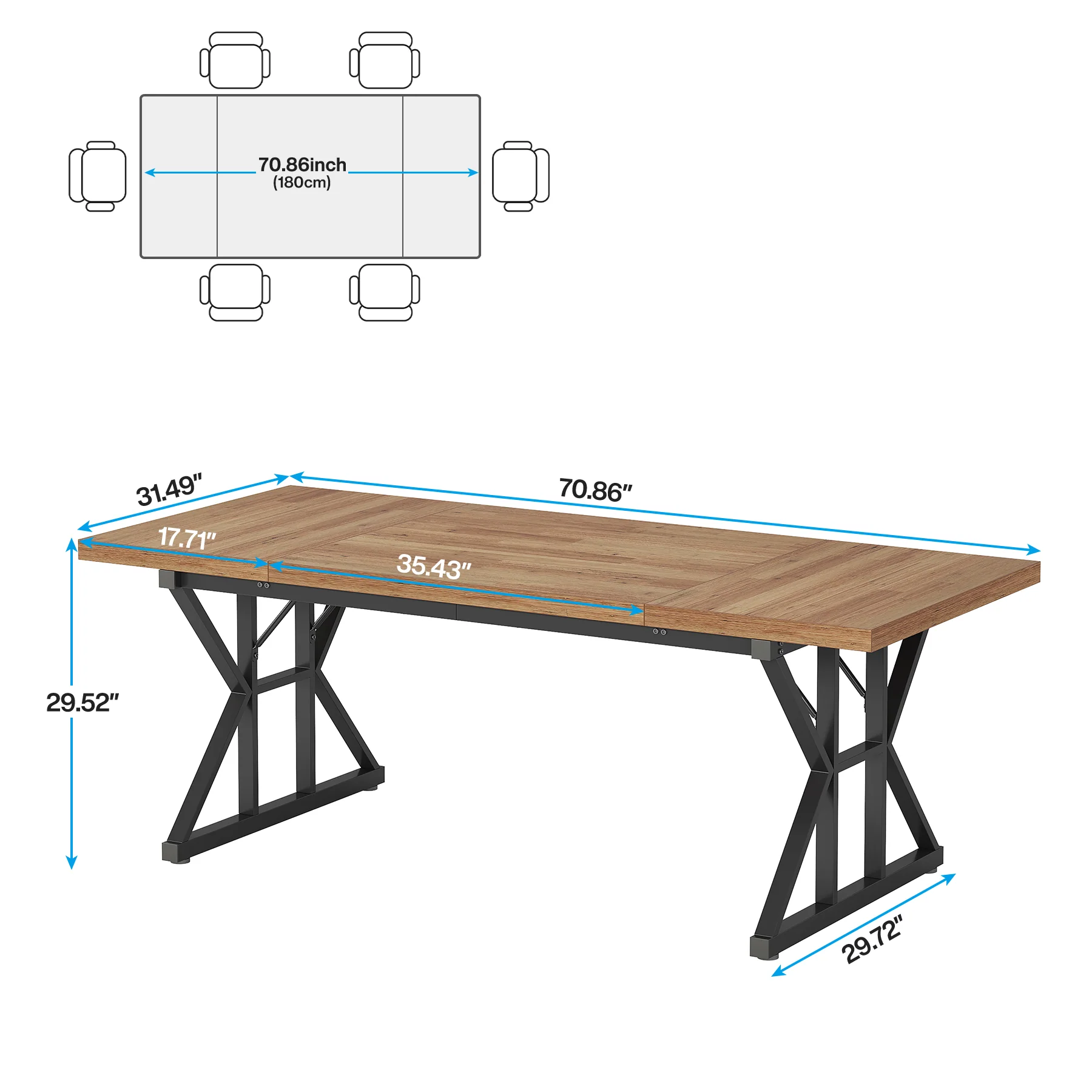 70.8" Farmhouse Dining Table for 6, Rectangular Wood Kitchen Table with Metal Legs - Image 29