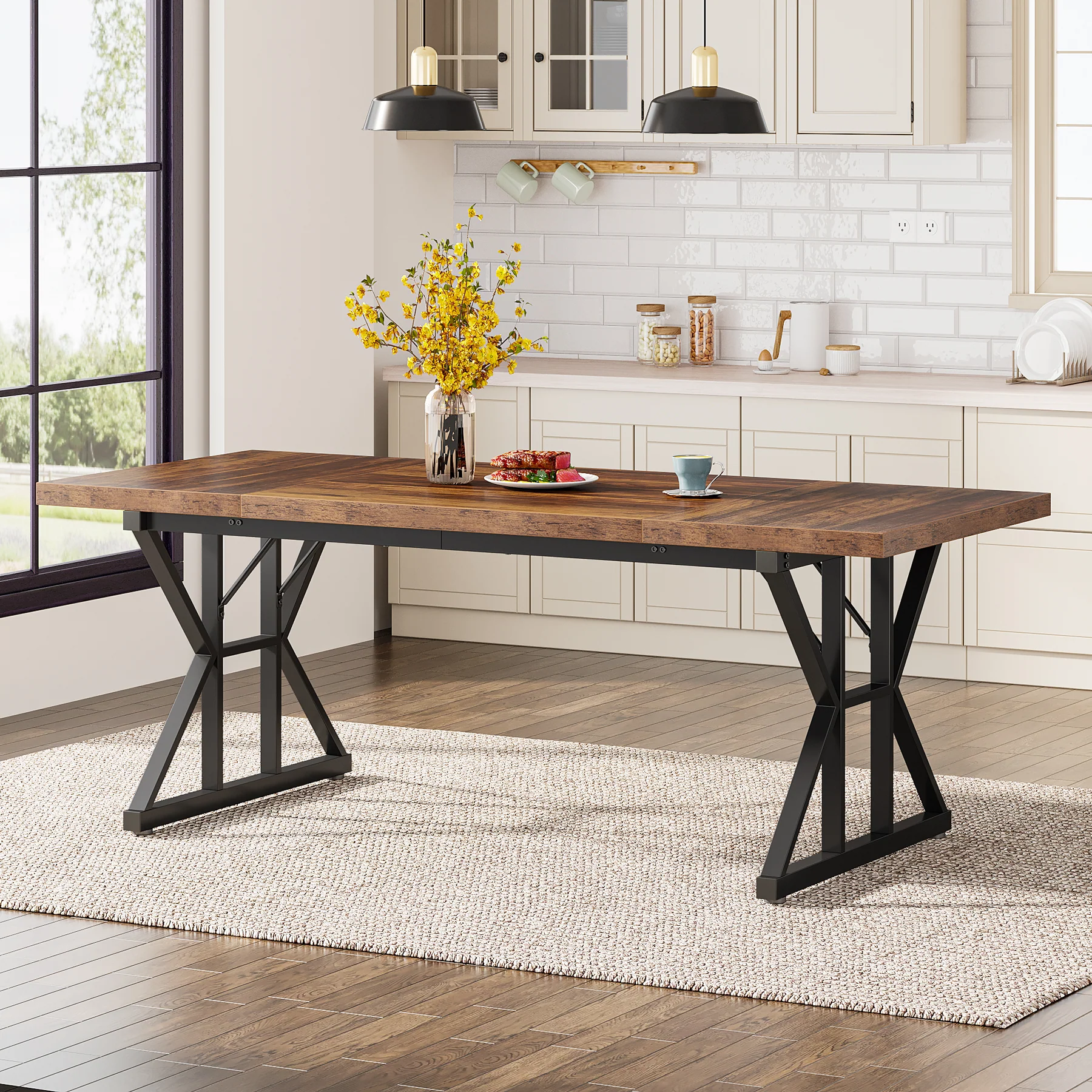 70.8" Farmhouse Dining Table for 6, Rectangular Wood Kitchen Table with Metal Legs - Image 3