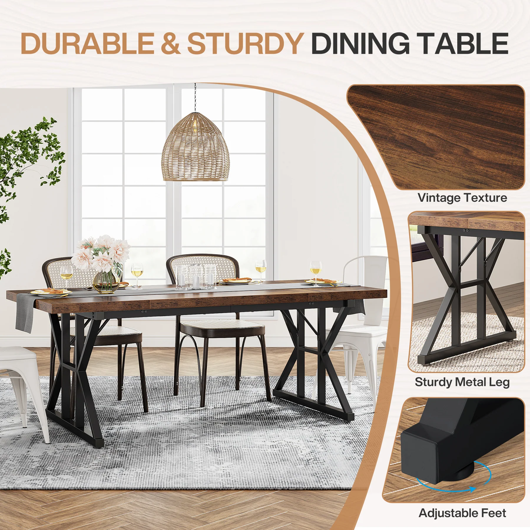 70.8" Farmhouse Dining Table for 6, Rectangular Wood Kitchen Table with Metal Legs - Image 5