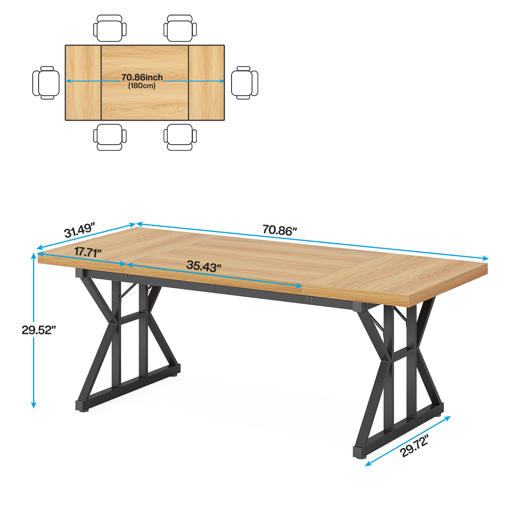 70.8" Farmhouse Dining Table for 6, Rectangular Wood Kitchen Table with Metal Legs - Image 8