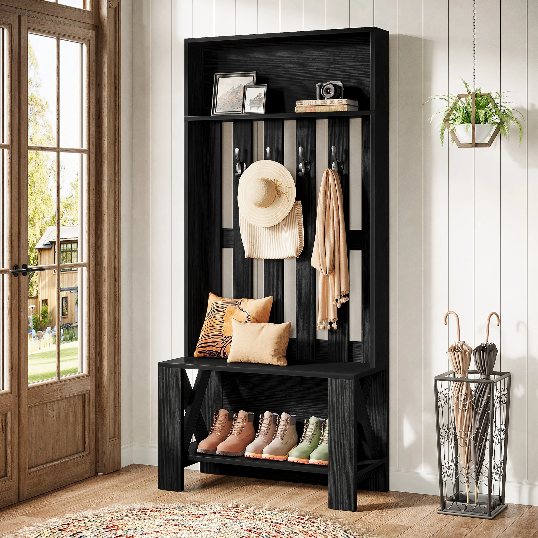 70.8" Freestanding Hall Tree with Shoe Bench and Hooks - Image 10