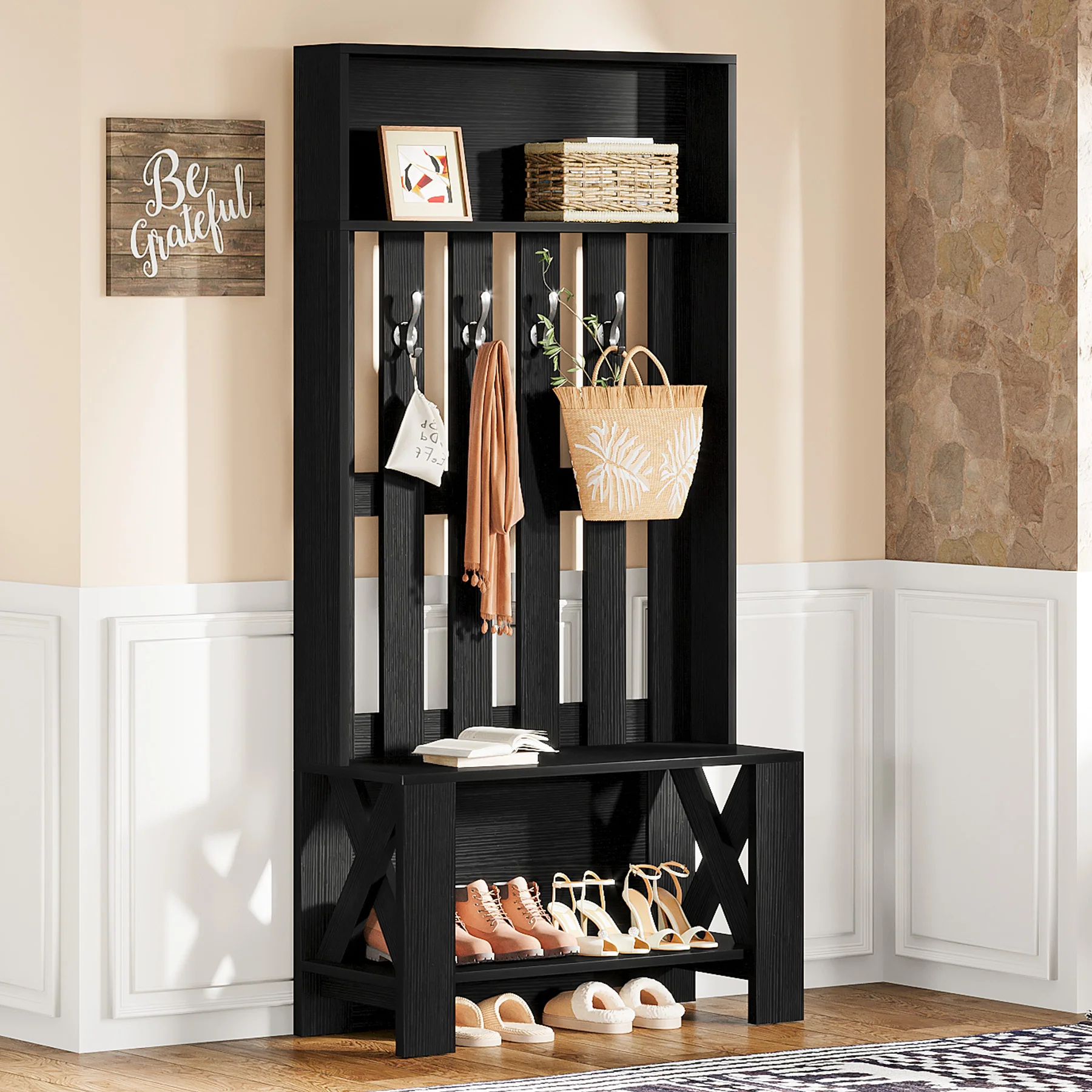 70.8" Freestanding Hall Tree with Shoe Bench and Hooks - Image 11