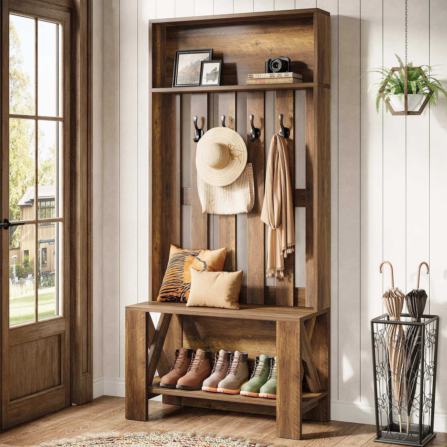 70.8" Freestanding Hall Tree with Shoe Bench and Hooks - Image 3