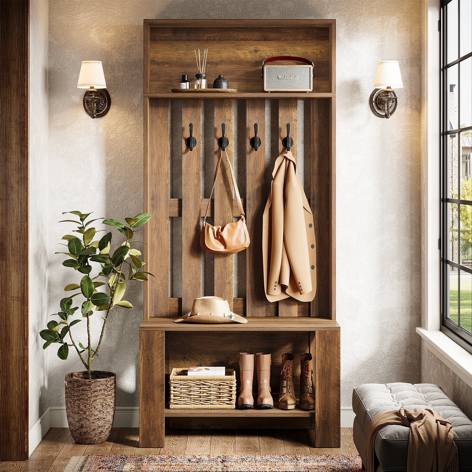 70.8" Freestanding Hall Tree with Shoe Bench and Hooks - Image 4