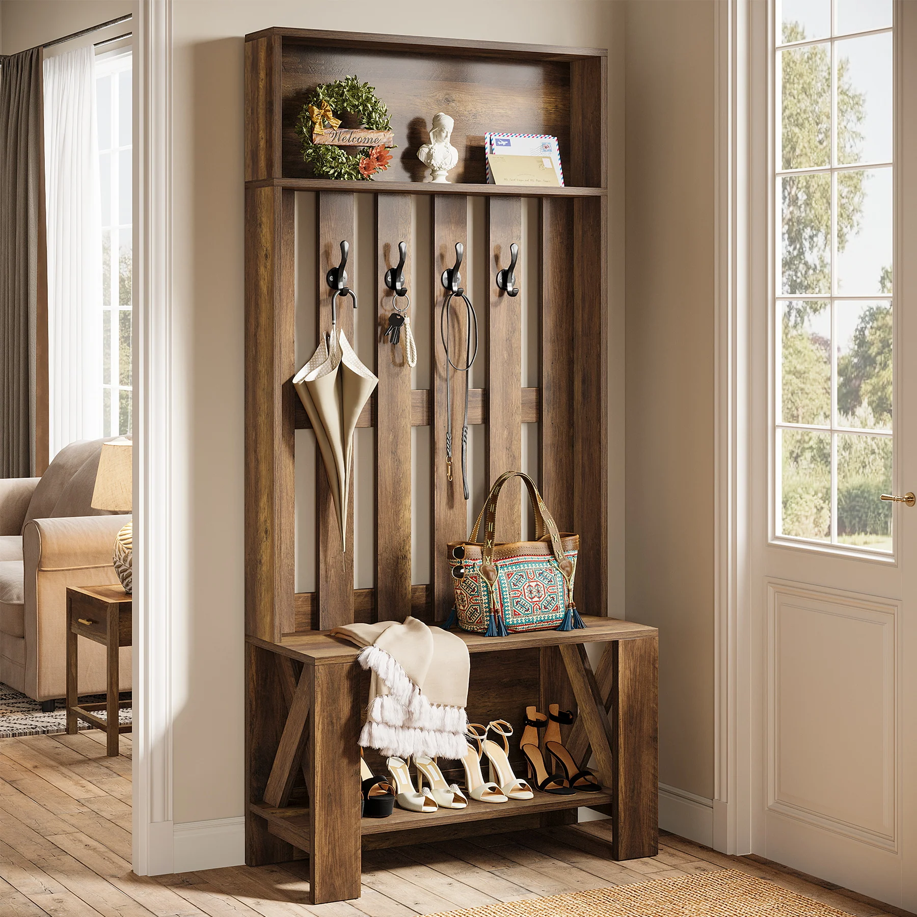 70.8" Freestanding Hall Tree with Shoe Bench and Hooks - Image 5
