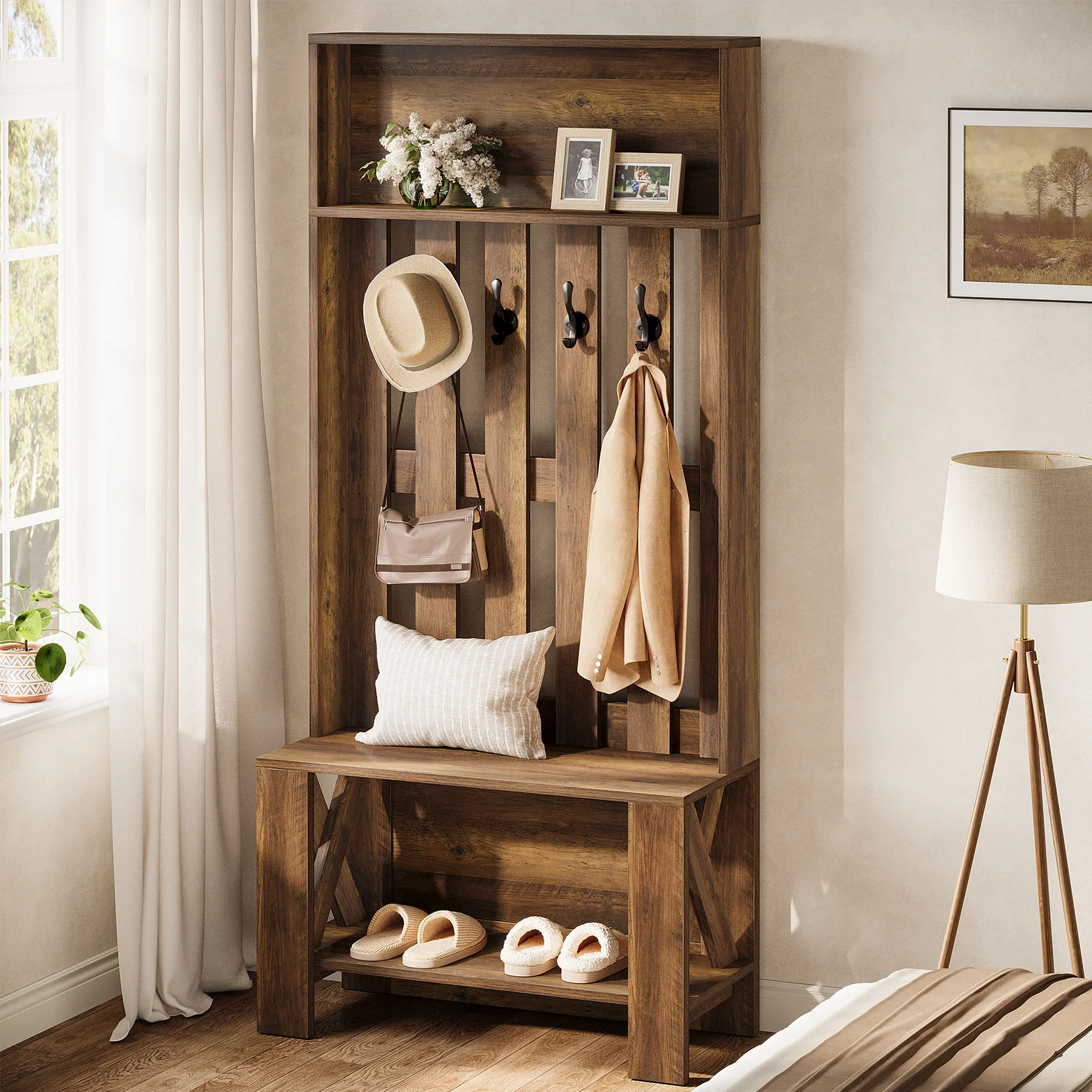 70.8" Freestanding Hall Tree with Shoe Bench and Hooks - Image 6