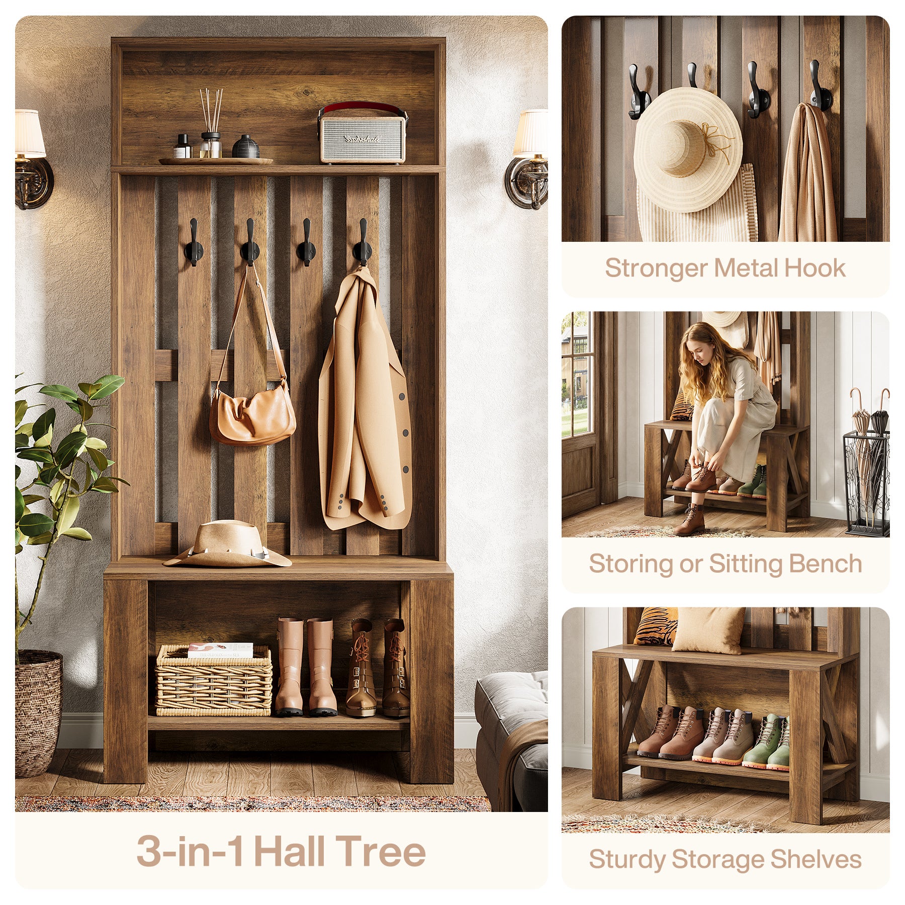 70.8" Freestanding Hall Tree with Shoe Bench and Hooks - Image 7
