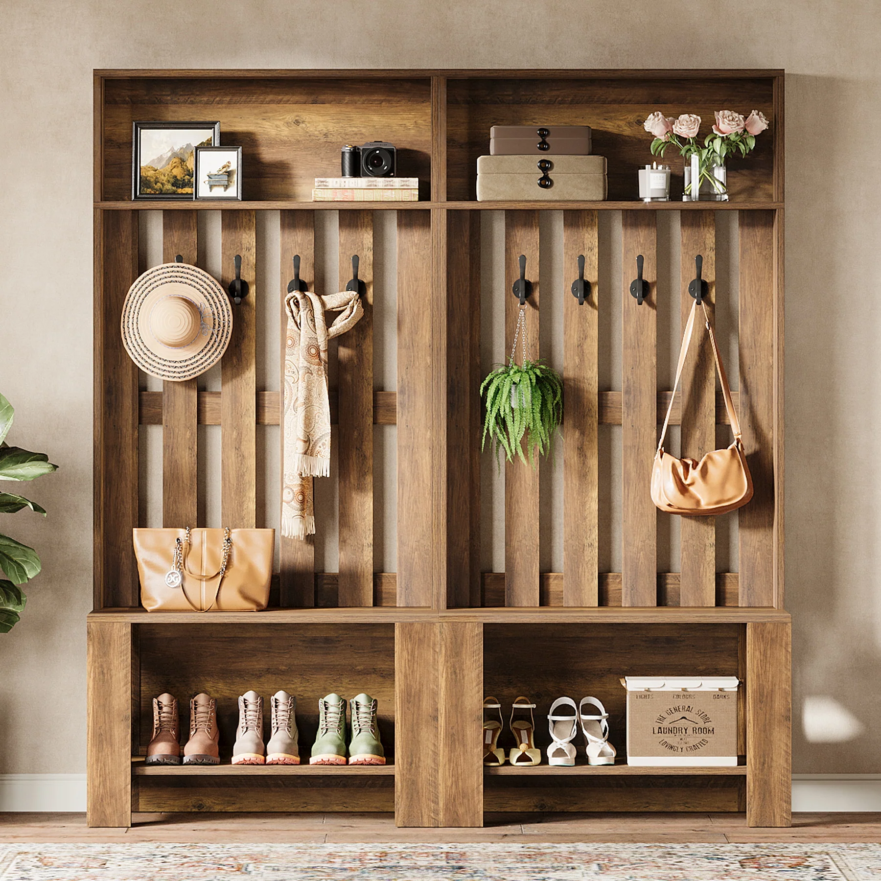 70.8" Freestanding Hall Tree with Shoe Bench and Hooks - Image 9