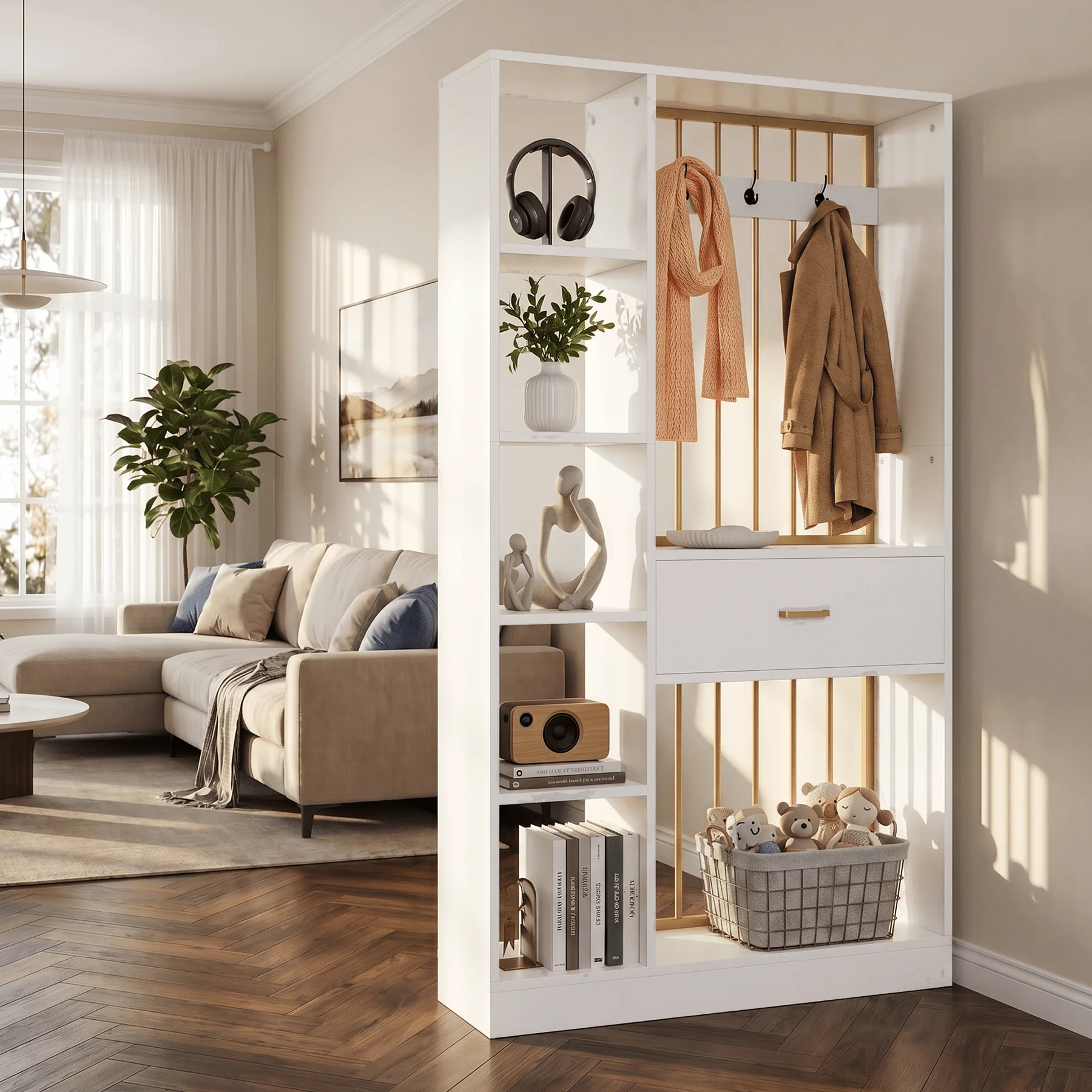 70.8" Room Divider with Storage Shelves, Drawer & Coat Rack, Freestanding Wood Partition Wall