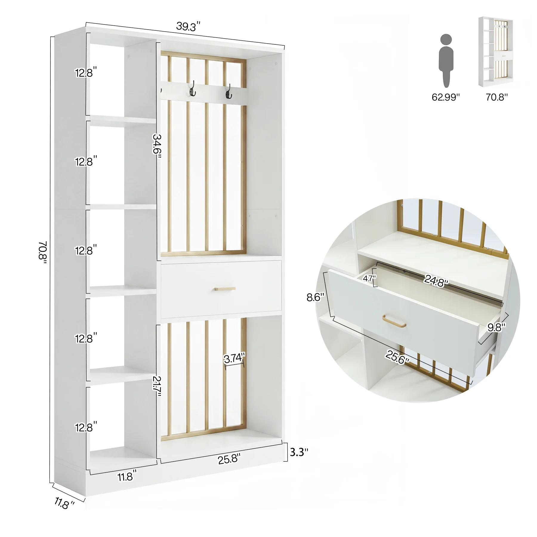 70.8" Room Divider with Storage Shelves, Drawer & Coat Rack, Freestanding Wood Partition Wall - Image 2