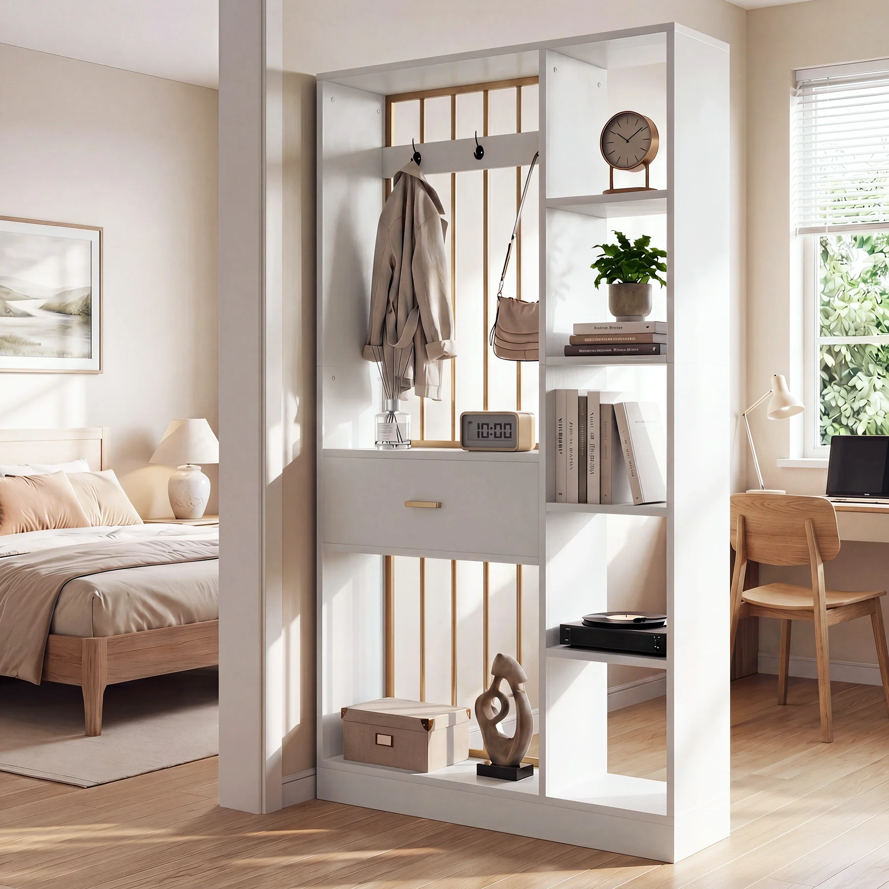 70.8" Room Divider with Storage Shelves, Drawer & Coat Rack, Freestanding Wood Partition Wall - Image 3