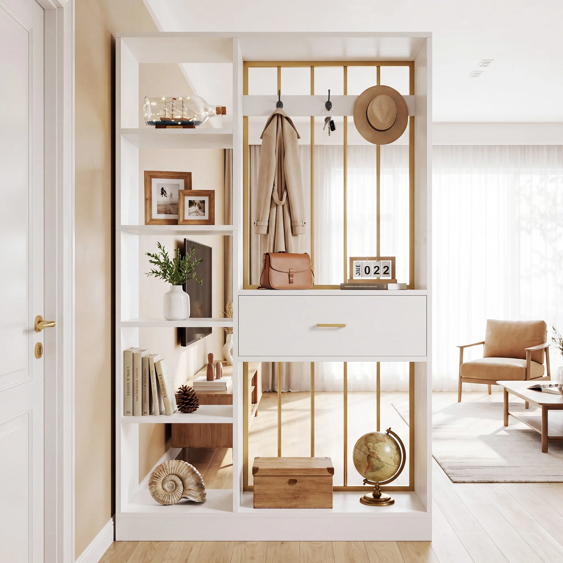 70.8" Room Divider with Storage Shelves, Drawer & Coat Rack, Freestanding Wood Partition Wall - Image 4