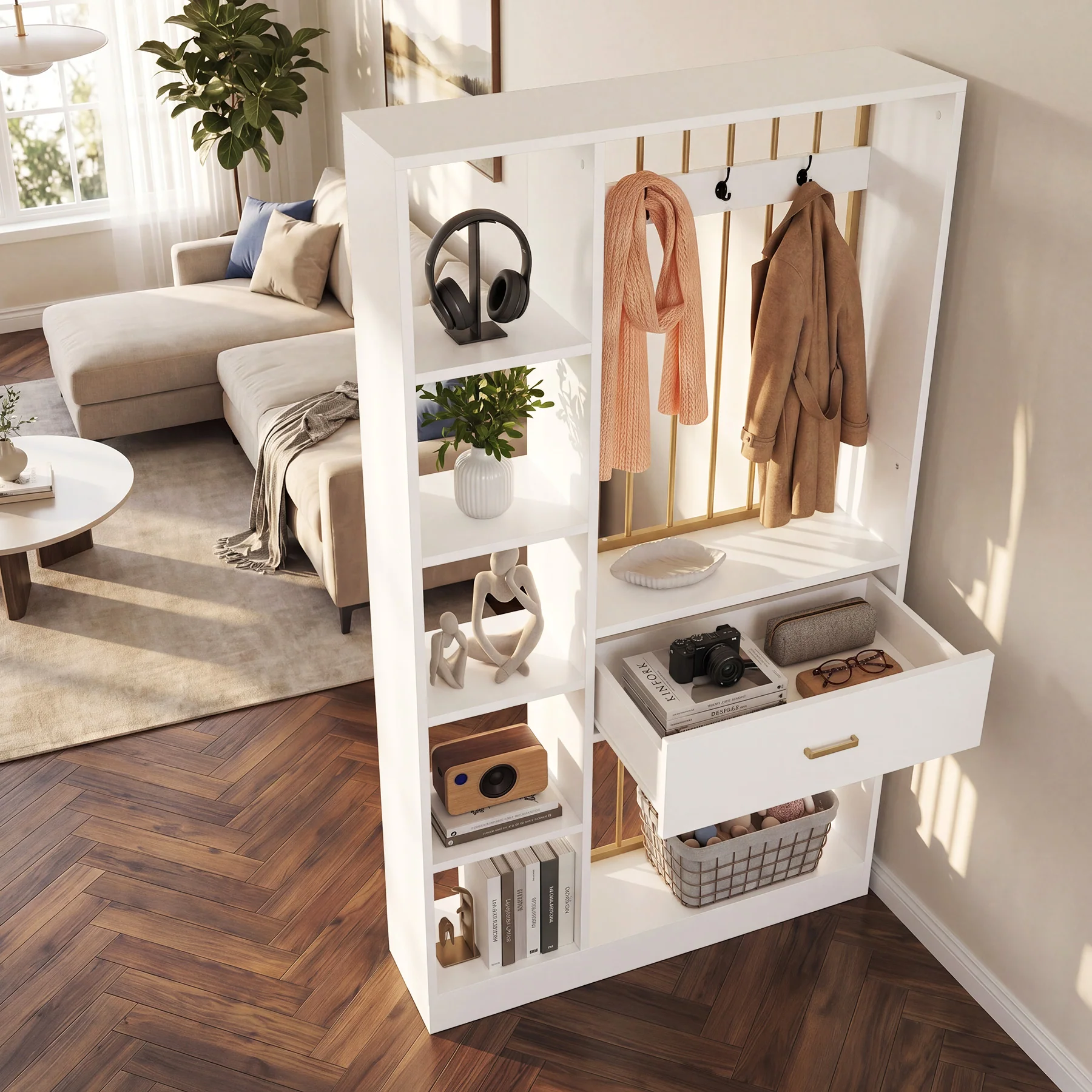 70.8" Room Divider with Storage Shelves, Drawer & Coat Rack, Freestanding Wood Partition Wall - Image 5