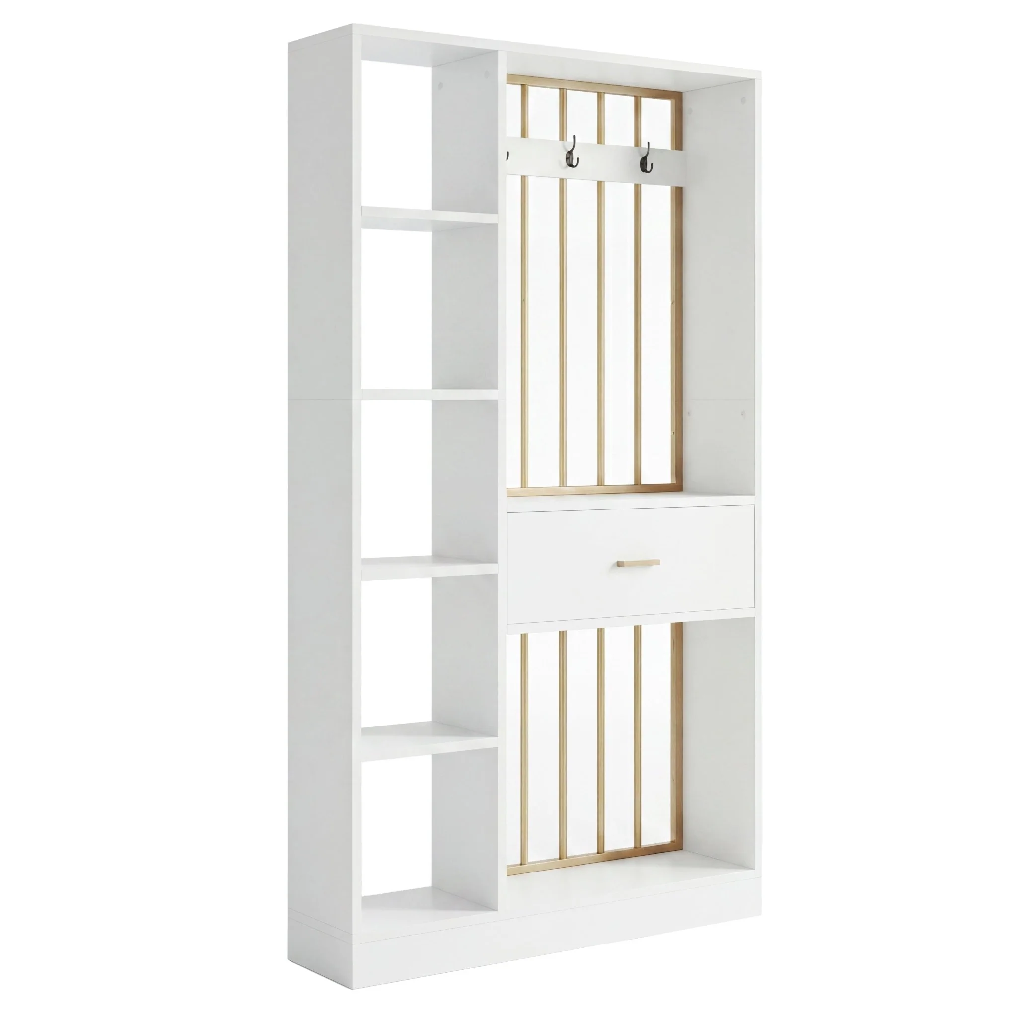 70.8" Room Divider with Storage Shelves, Drawer & Coat Rack, Freestanding Wood Partition Wall - Image 8