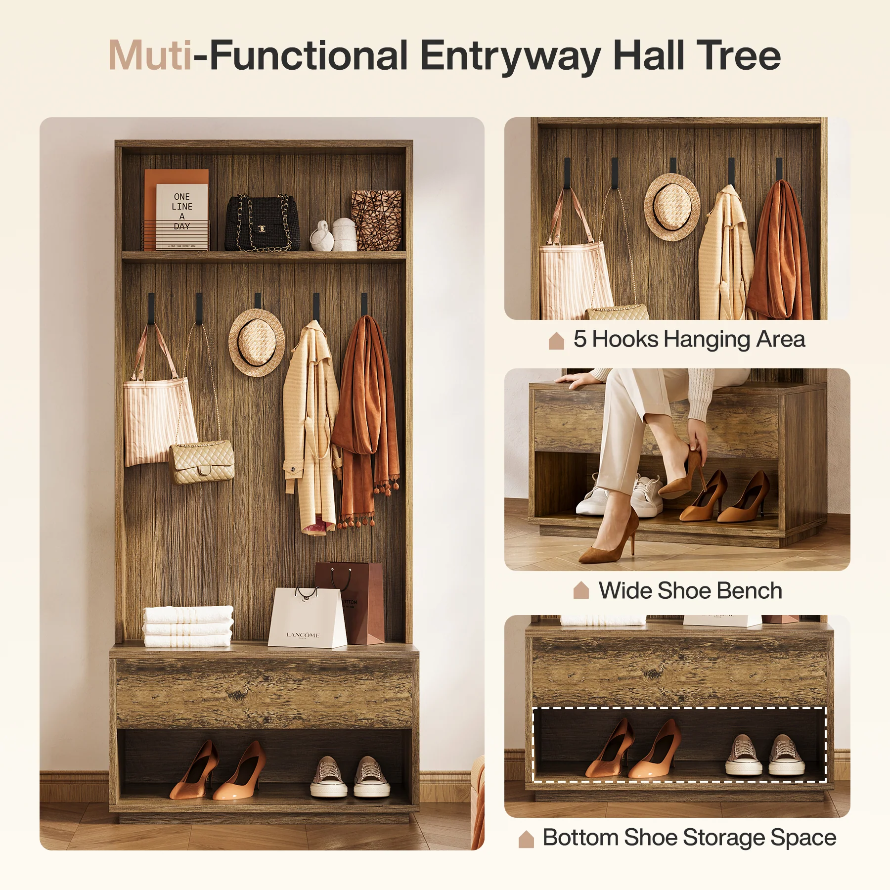 70.87-Inch Hall Tree with Bench and Shoe Storage, 5-in-1 Organizer with Drawer and 5 Hooks - Image 4