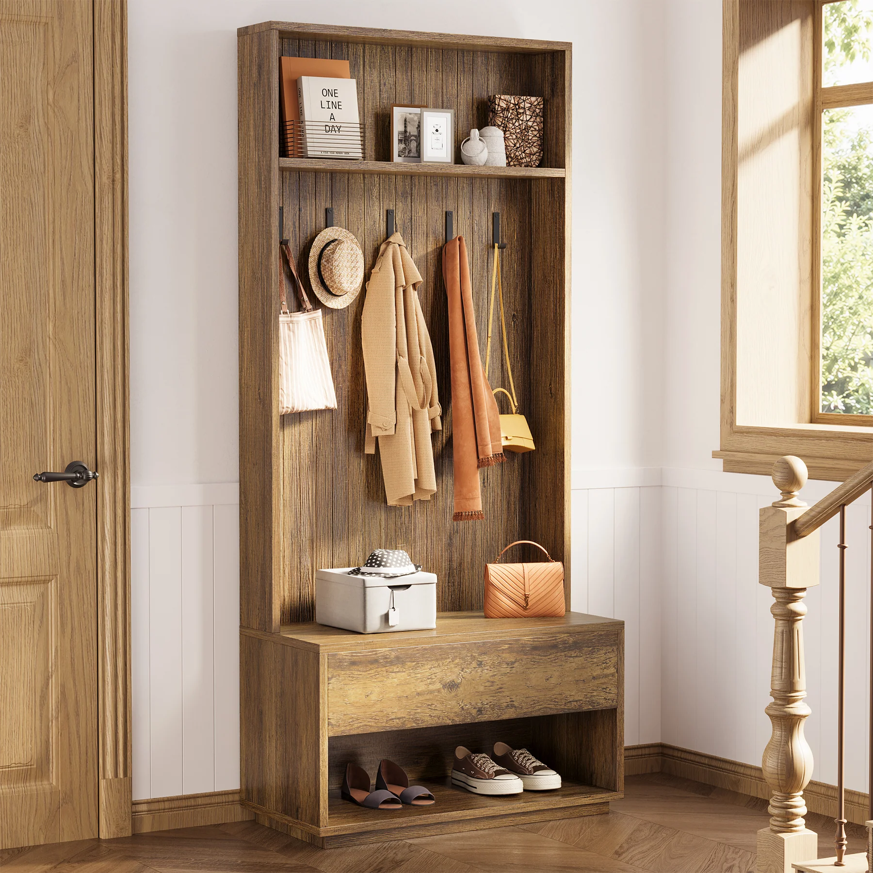 70.87-Inch Hall Tree with Bench and Shoe Storage, 5-in-1 Organizer with Drawer and 5 Hooks - Image 6