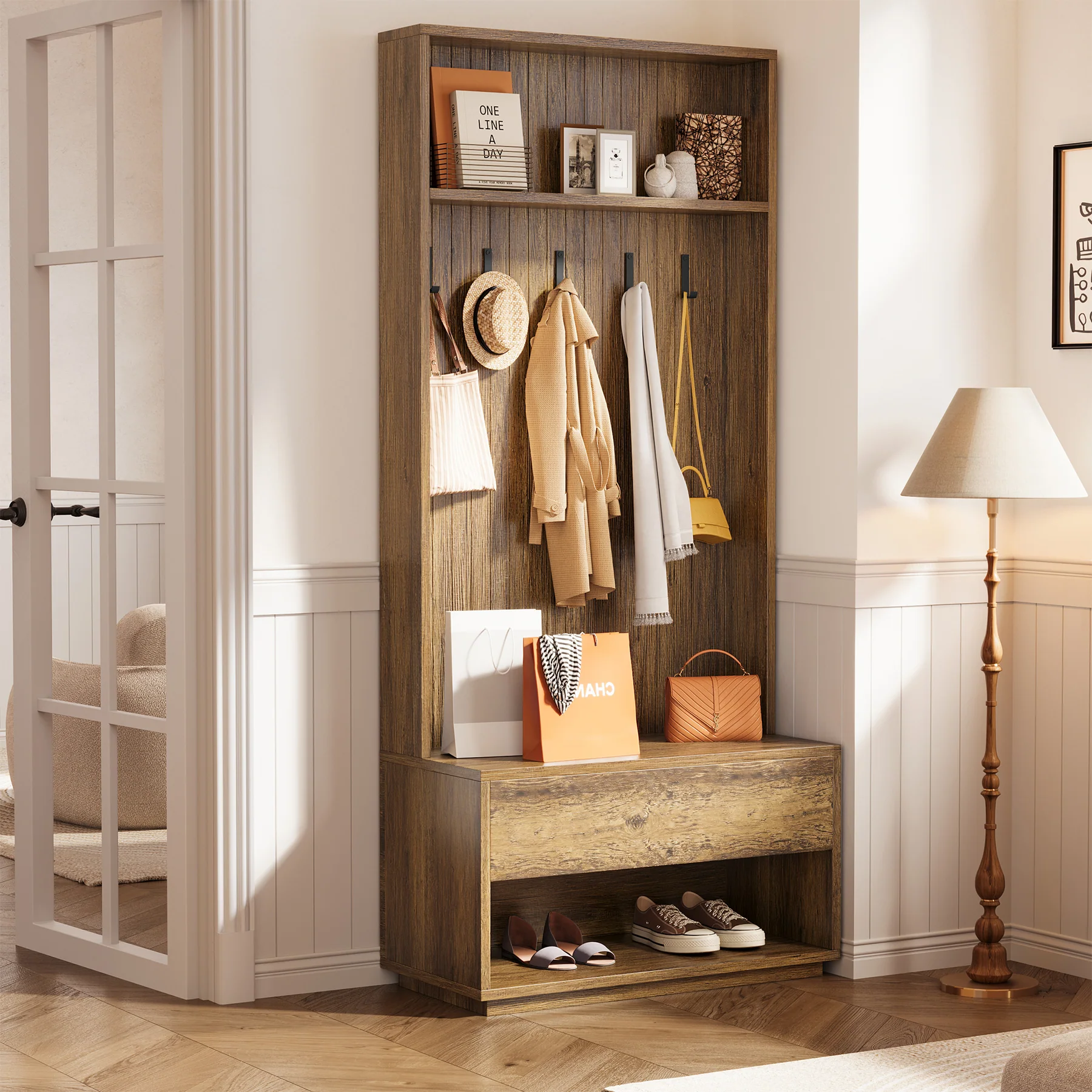 70.87-Inch Hall Tree with Bench and Shoe Storage, 5-in-1 Organizer with Drawer and 5 Hooks - Image 8