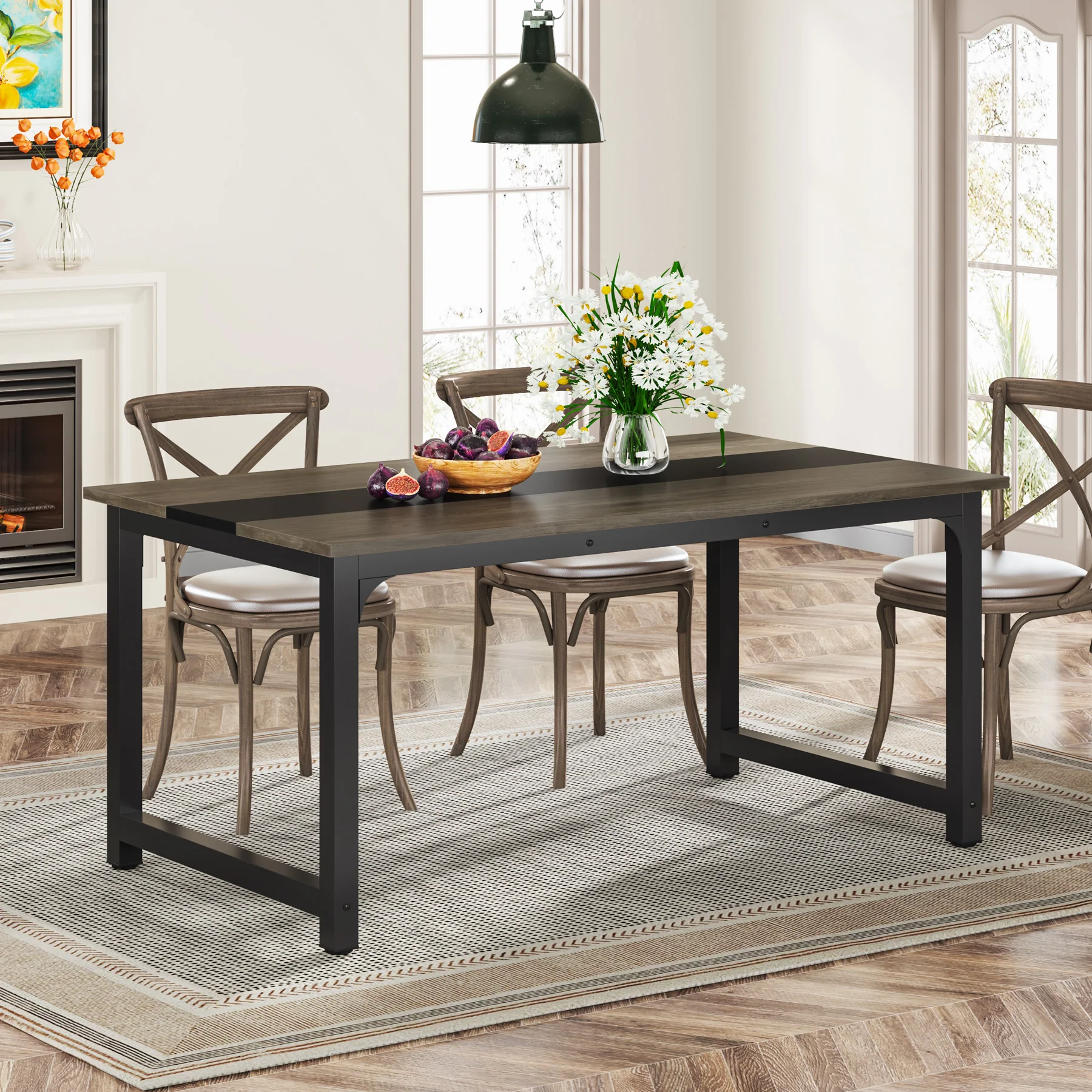 63" Rectangular Dining Table for 6–8 People, Industrial Wood Kitchen Table