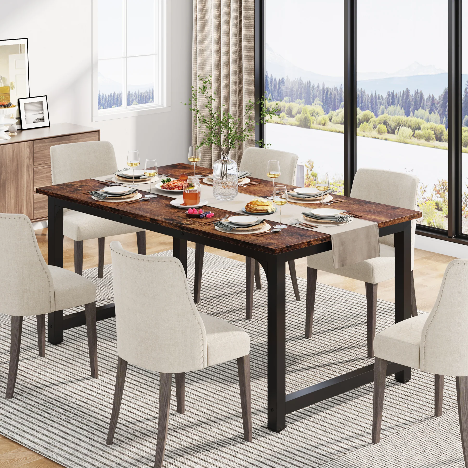 63" Rectangular Dining Table for 6–8 People, Industrial Wood Kitchen Table - Image 11