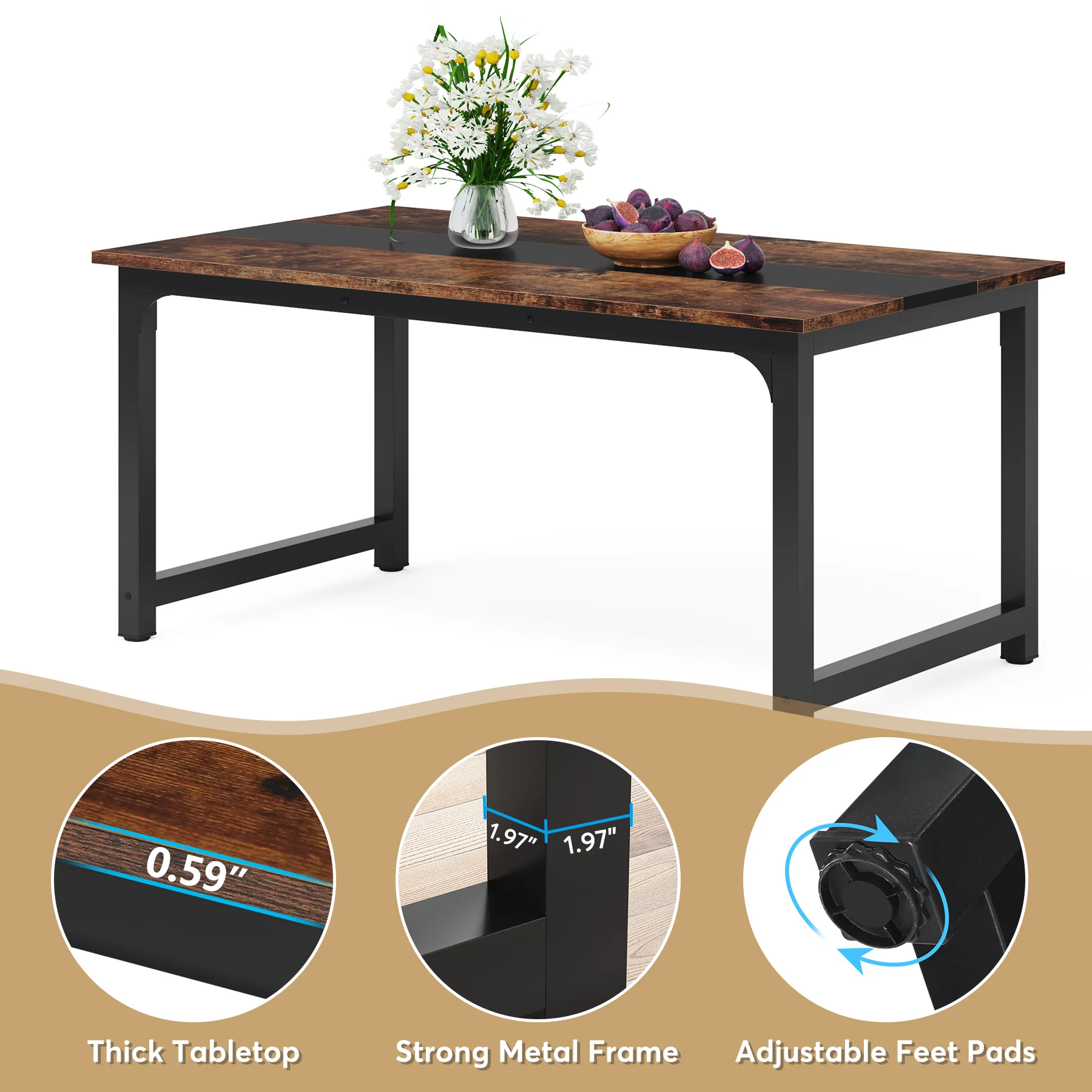 63" Rectangular Dining Table for 6–8 People, Industrial Wood Kitchen Table - Image 14
