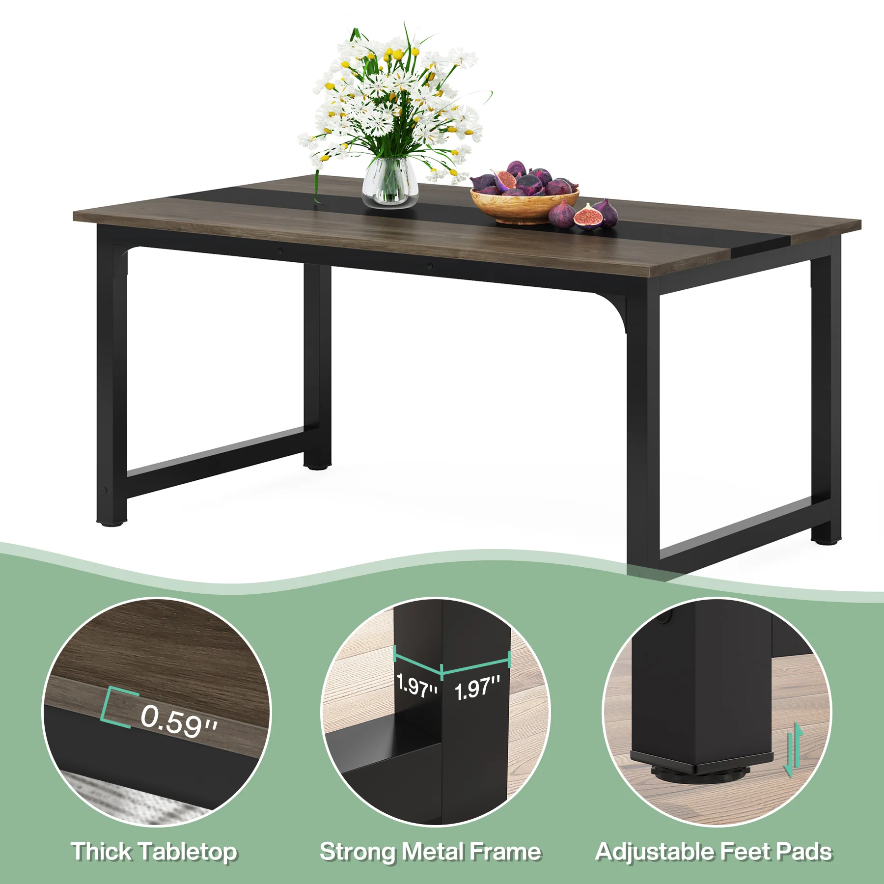63" Rectangular Dining Table for 6–8 People, Industrial Wood Kitchen Table - Image 7