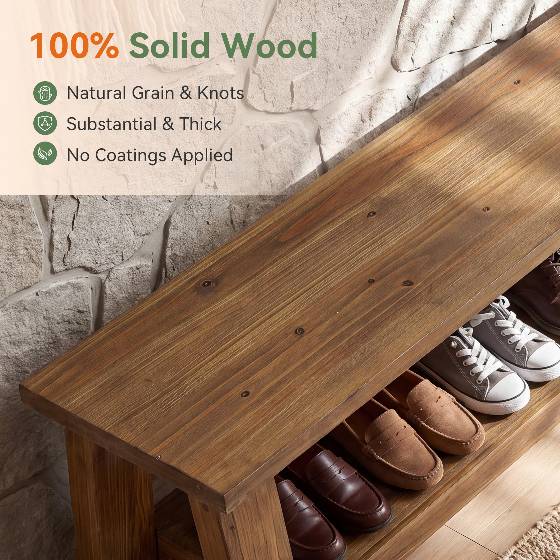 70.87" Solid Wood Entryway Bench, 2-Tier Shoe Bench with Storage Shelf for Hallway - Image 7