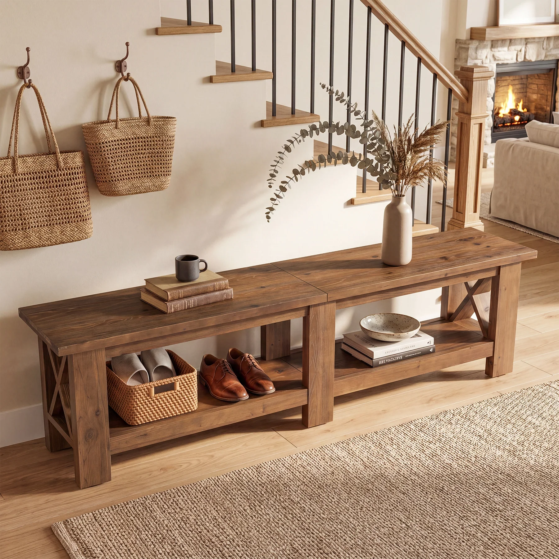 70.87" Solid Wood Entryway Shoe Bench, Farmhouse End of Bed Bench with Storage - Image 5