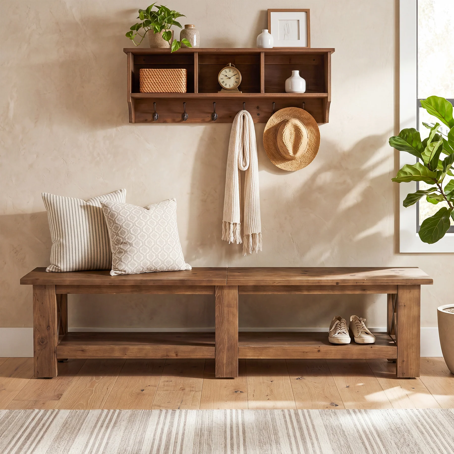 70.87" Solid Wood Entryway Shoe Bench, Farmhouse End of Bed Bench with Storage - Image 6