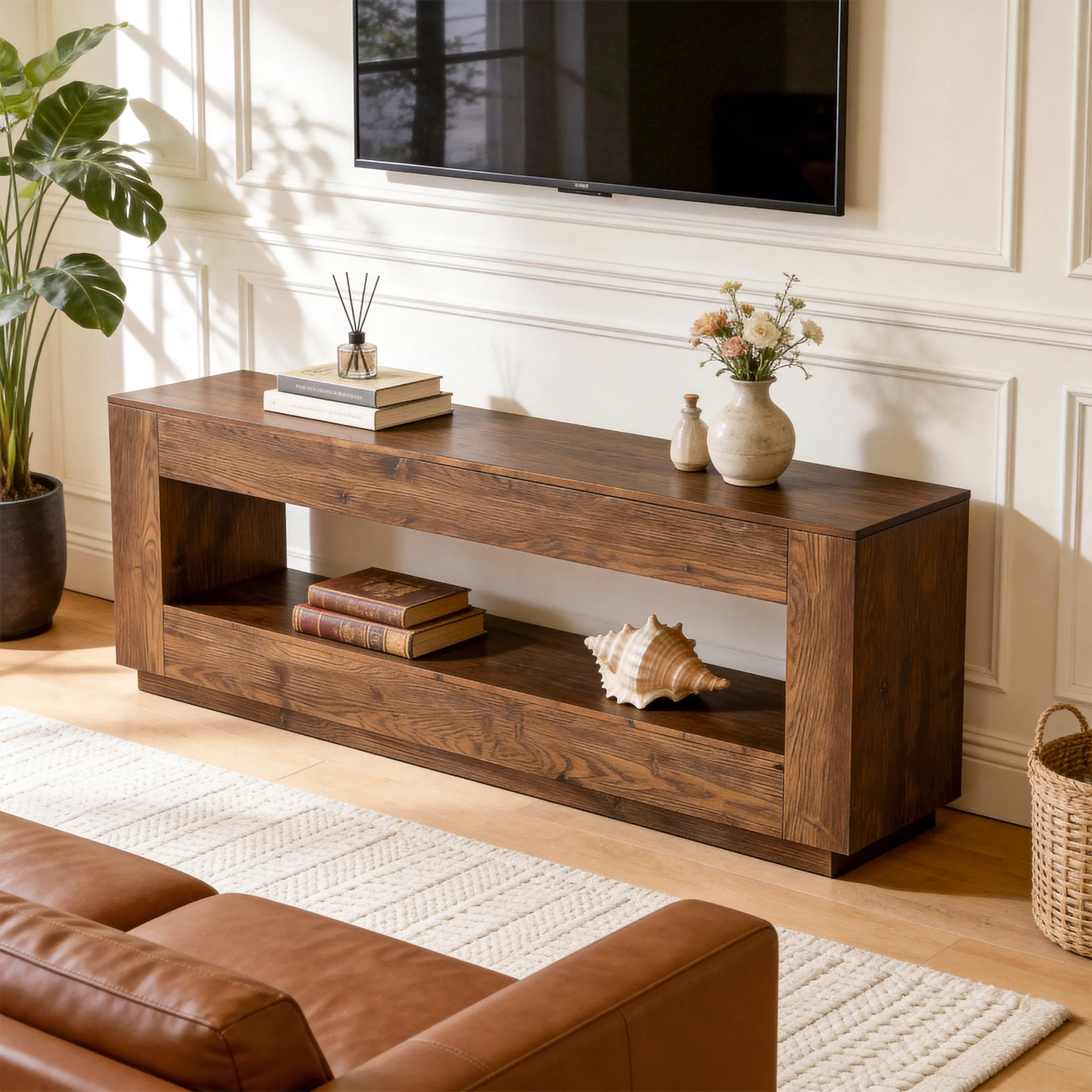 70.87" Solid Wood TV Stand, 2-Tier Entertainment Center for up to 80" TV - Image 3