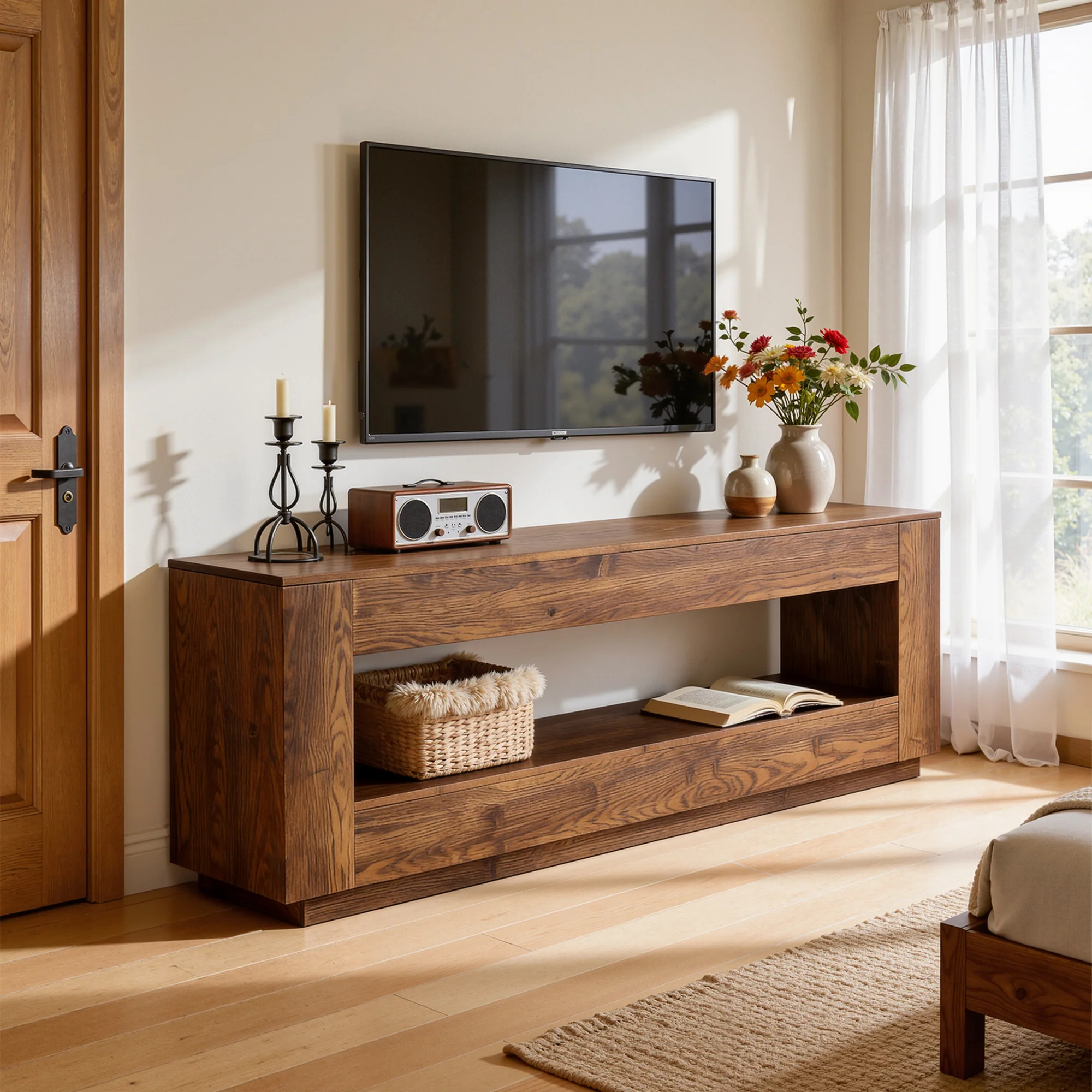 70.87" Solid Wood TV Stand, 2-Tier Entertainment Center for up to 80" TV - Image 4