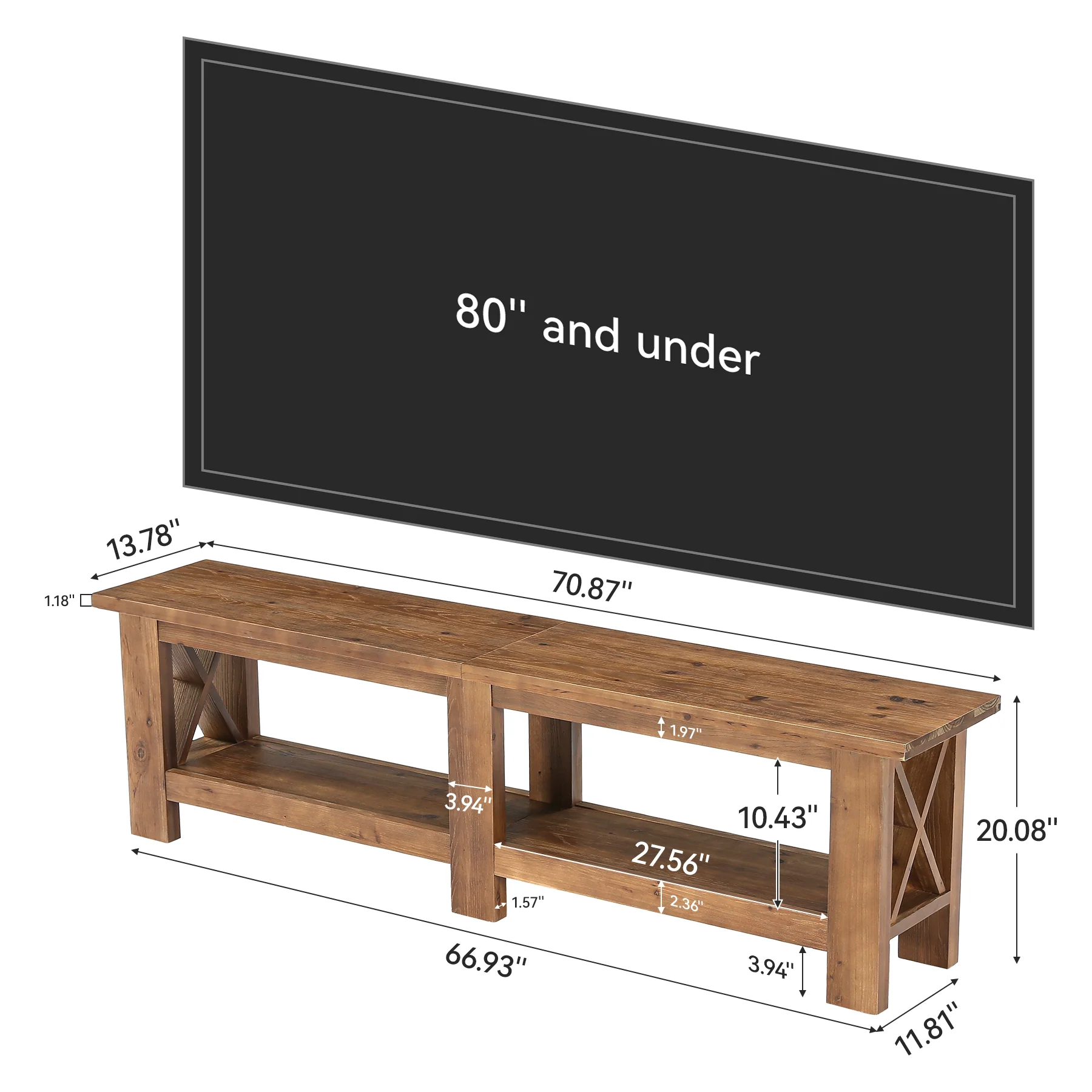 70.87" Solid Wood TV Stand for TVs up to 80", Farmhouse Entertainment Center with Storage Shelves - Image 2