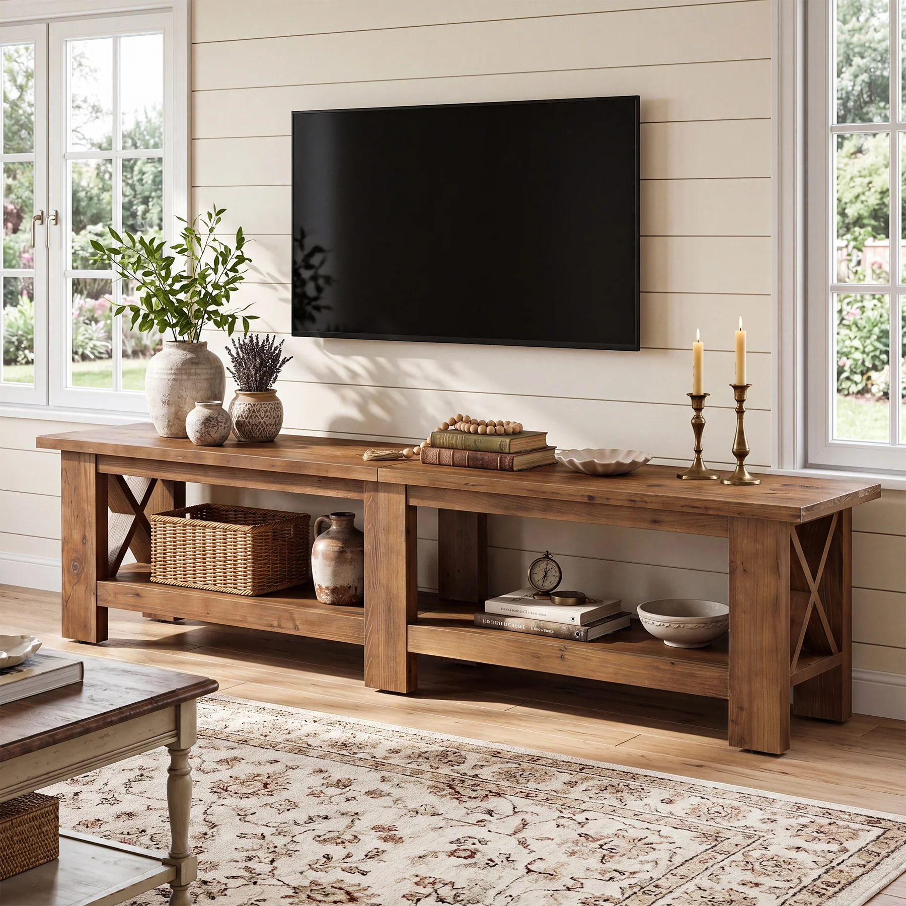 70.87" Solid Wood TV Stand for TVs up to 80", Farmhouse Entertainment Center with Storage Shelves - Image 3
