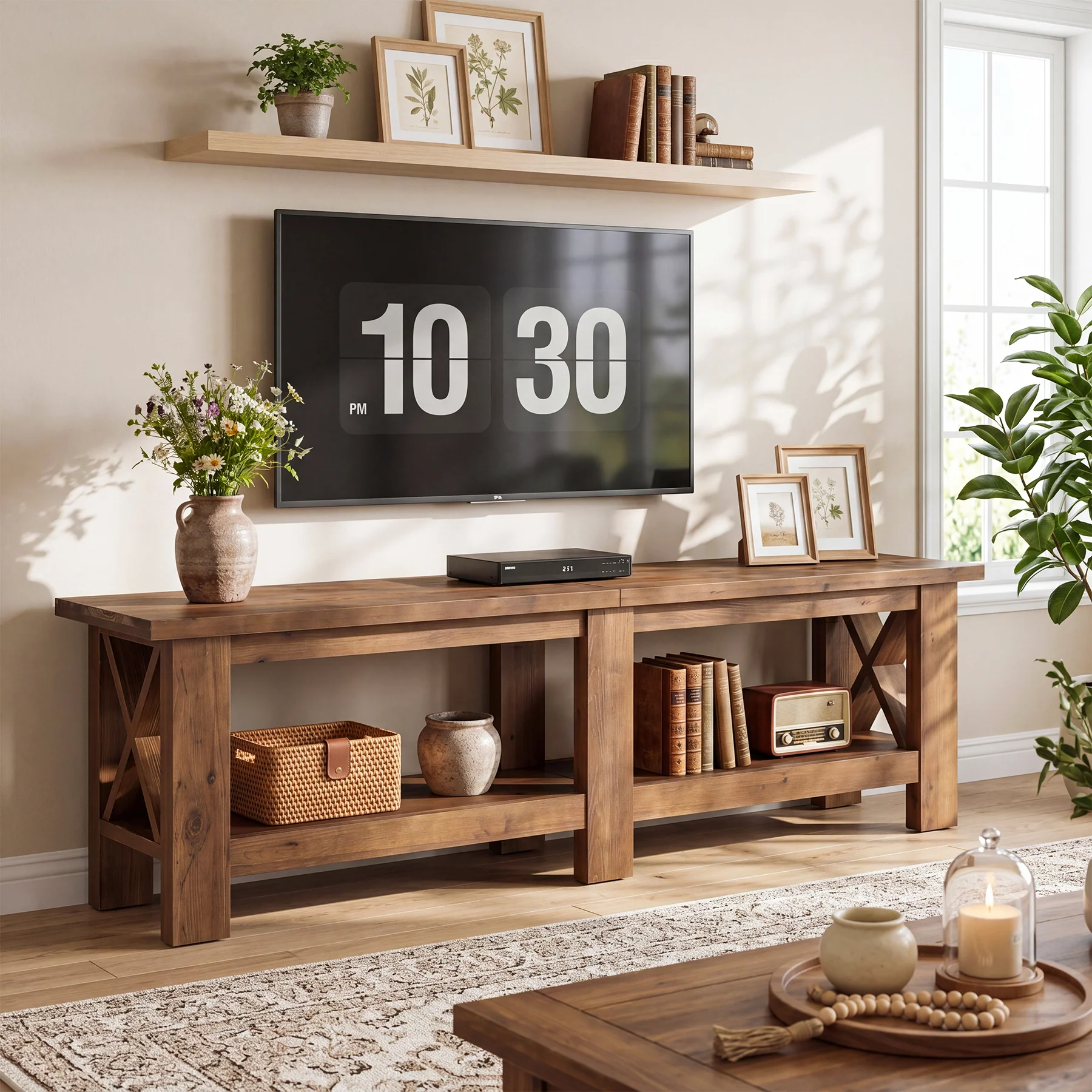 70.87" Solid Wood TV Stand for TVs up to 80", Farmhouse Entertainment Center with Storage Shelves - Image 4