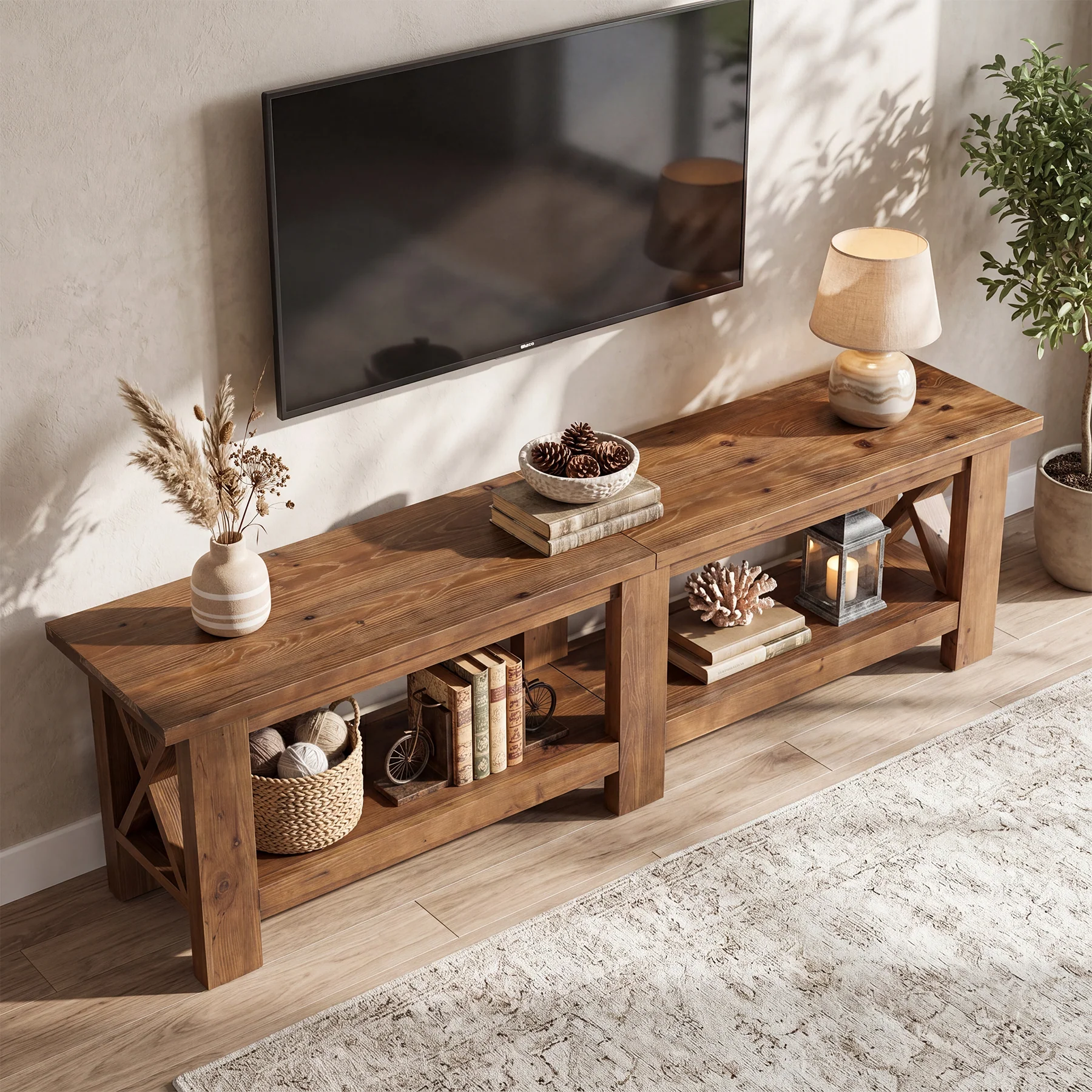 70.87" Solid Wood TV Stand for TVs up to 80", Farmhouse Entertainment Center with Storage Shelves - Image 5