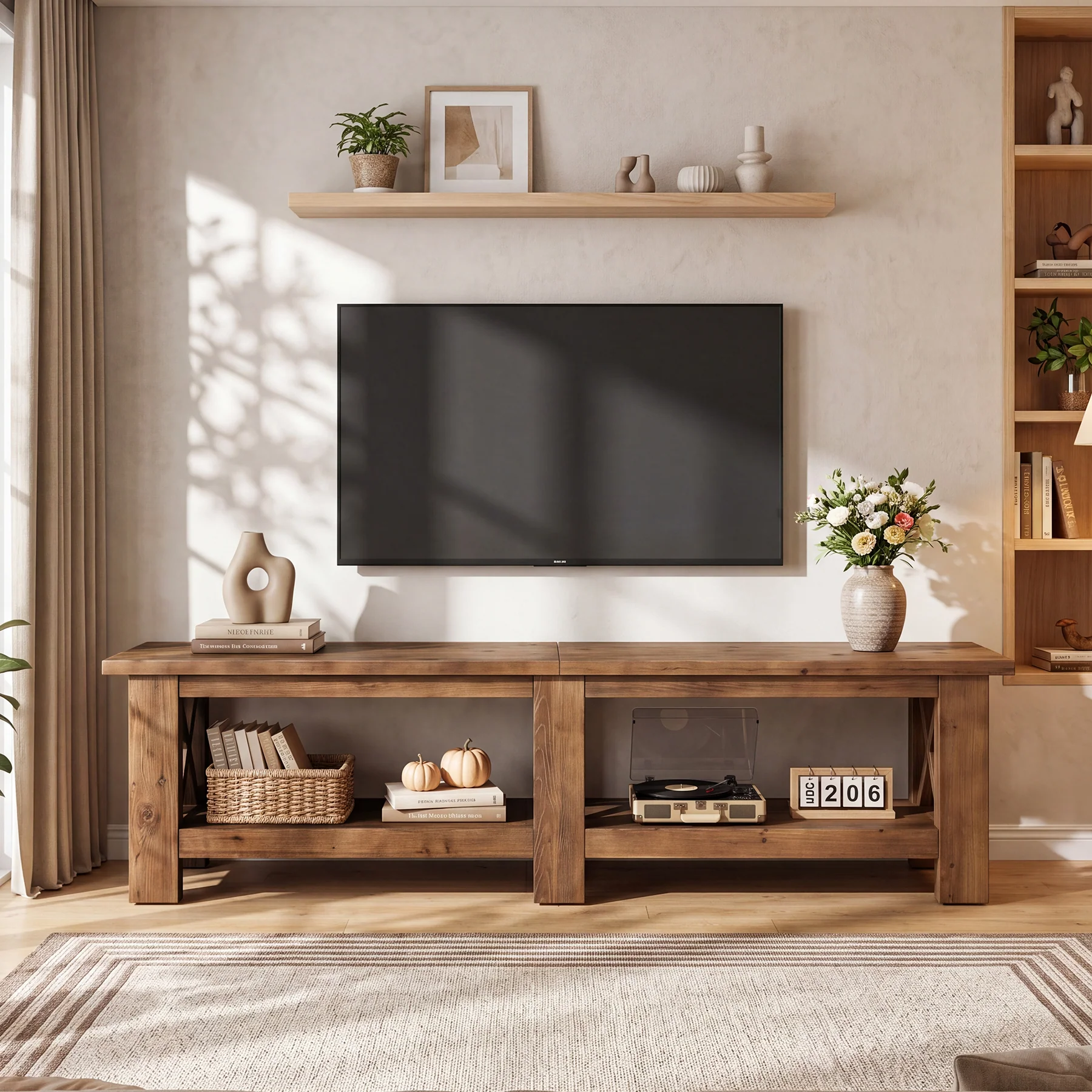 70.87" Solid Wood TV Stand for TVs up to 80", Farmhouse Entertainment Center with Storage Shelves - Image 6