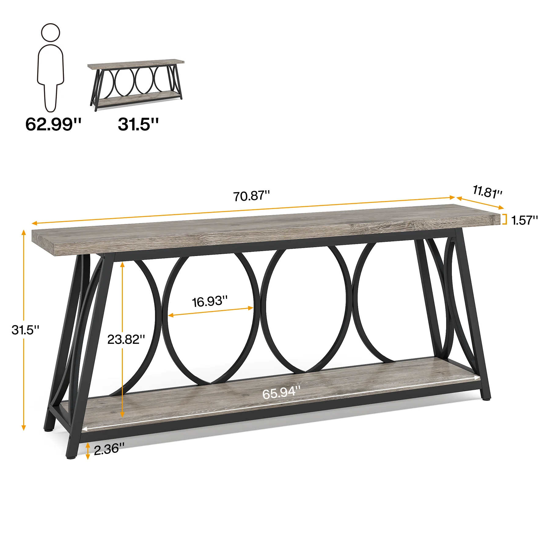 70.9" 2-Tier Industrial Console Table, Sofa Table with Shelves for Living Room or Entryway - Image 10