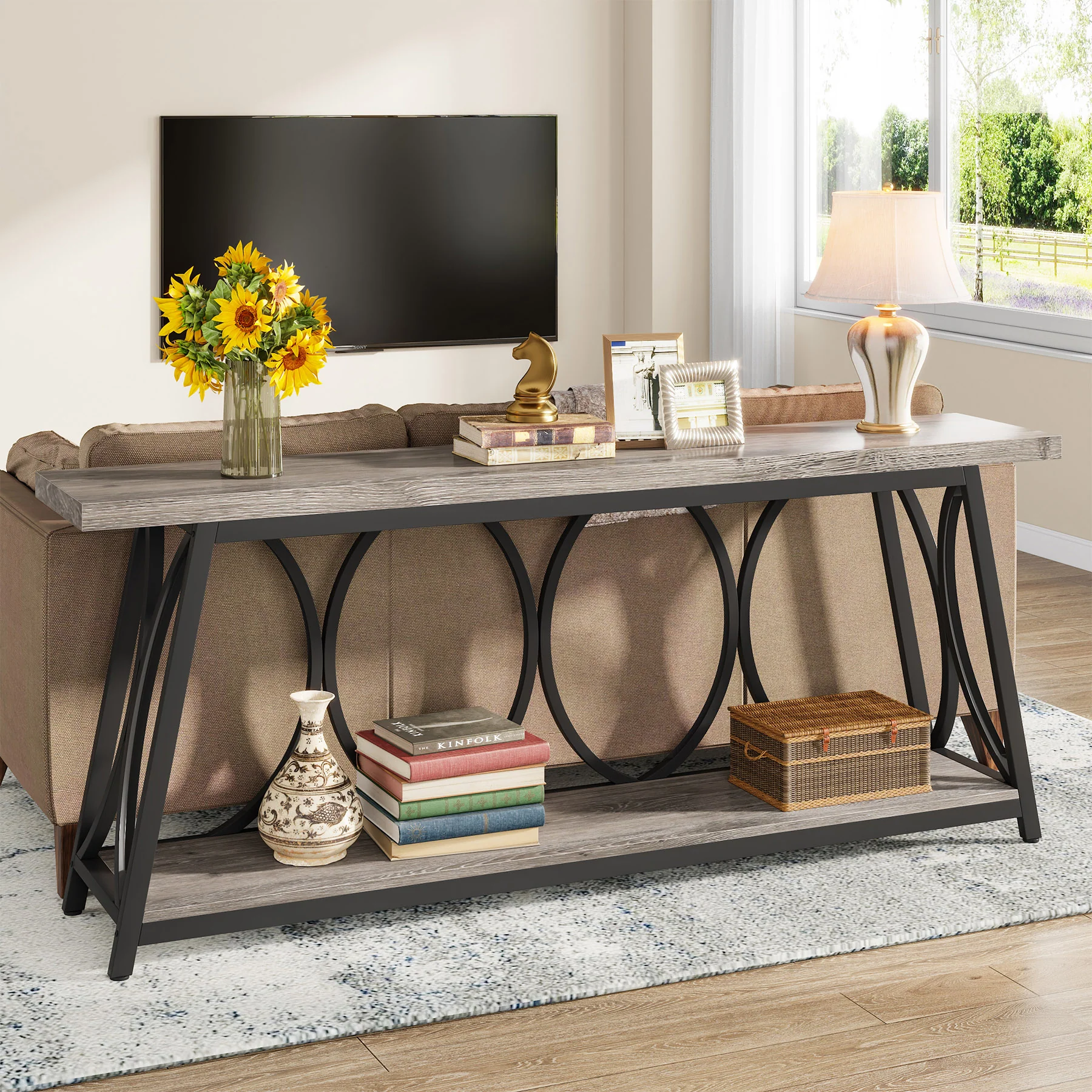 70.9" 2-Tier Industrial Console Table, Sofa Table with Shelves for Living Room or Entryway - Image 11