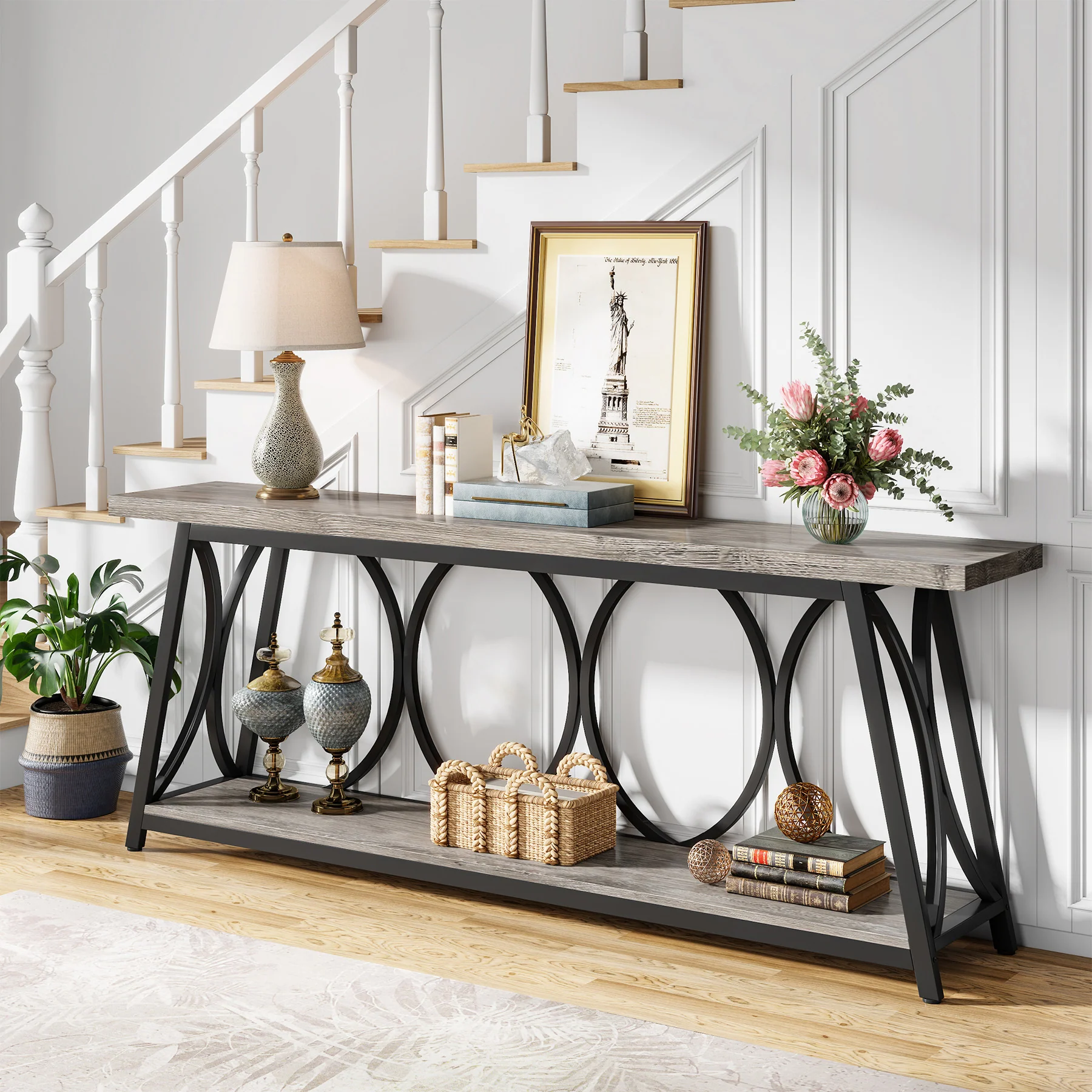 70.9" 2-Tier Industrial Console Table, Sofa Table with Shelves for Living Room or Entryway - Image 12