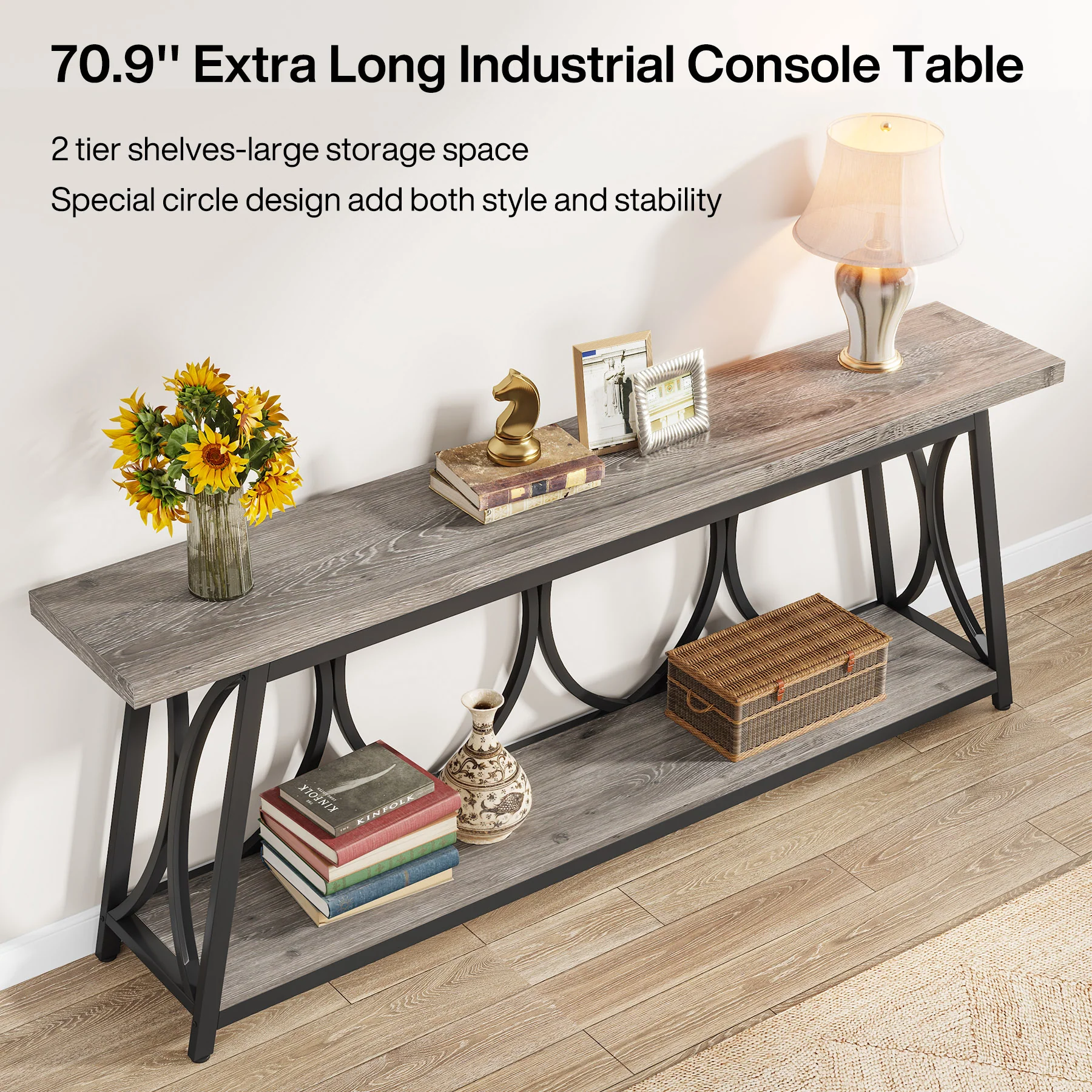 70.9" 2-Tier Industrial Console Table, Sofa Table with Shelves for Living Room or Entryway - Image 14