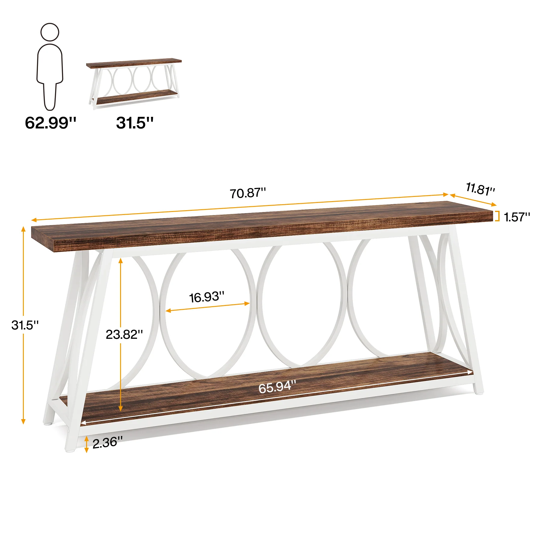 70.9" 2-Tier Industrial Console Table, Sofa Table with Shelves for Living Room or Entryway - Image 17