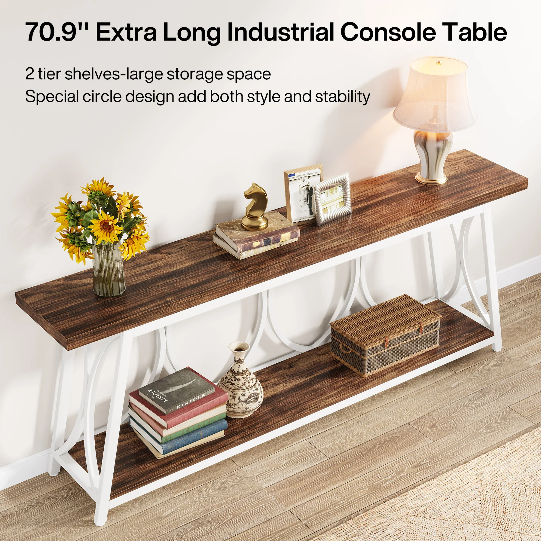 70.9" 2-Tier Industrial Console Table, Sofa Table with Shelves for Living Room or Entryway - Image 22