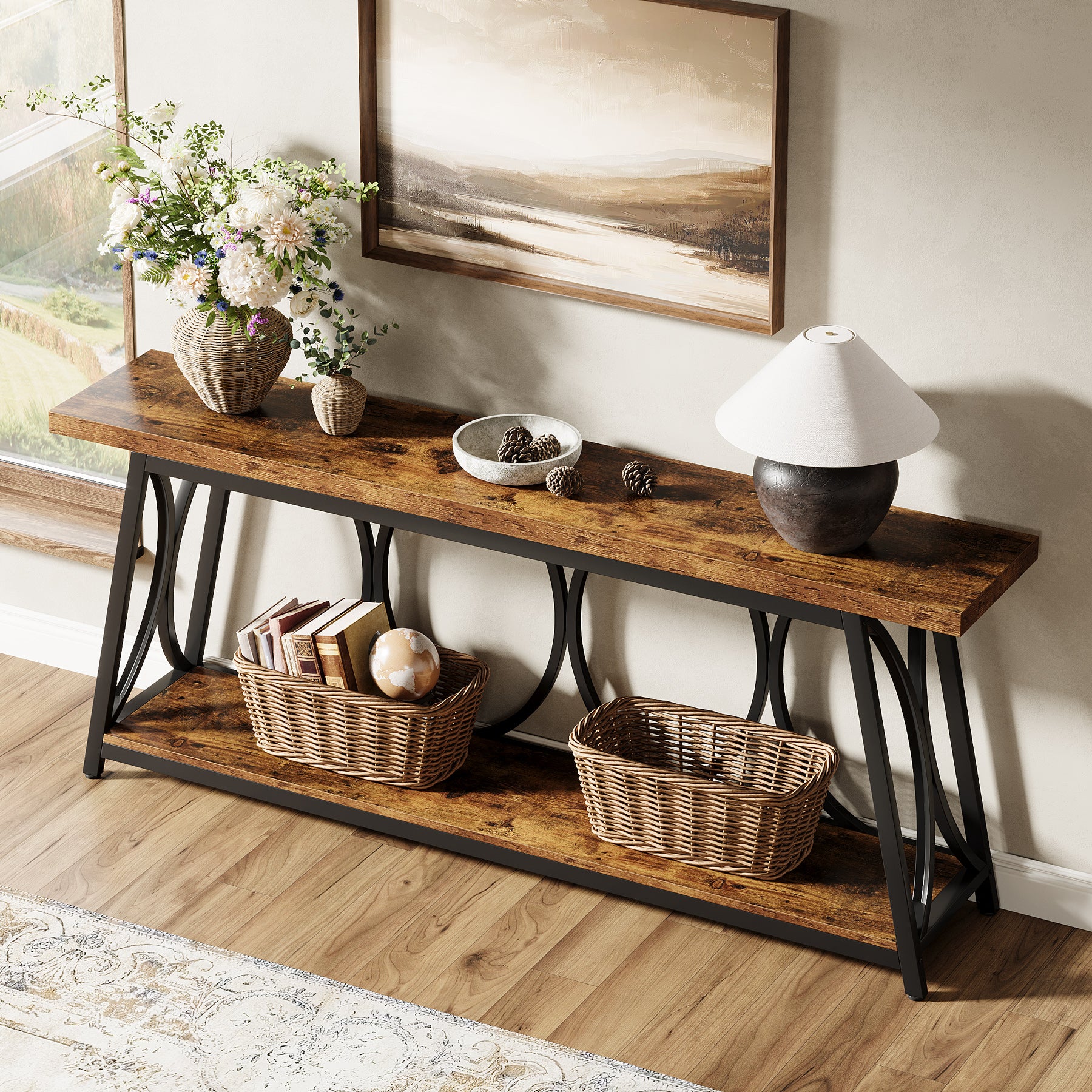 70.9" 2-Tier Industrial Console Table, Sofa Table with Shelves for Living Room or Entryway - Image 3