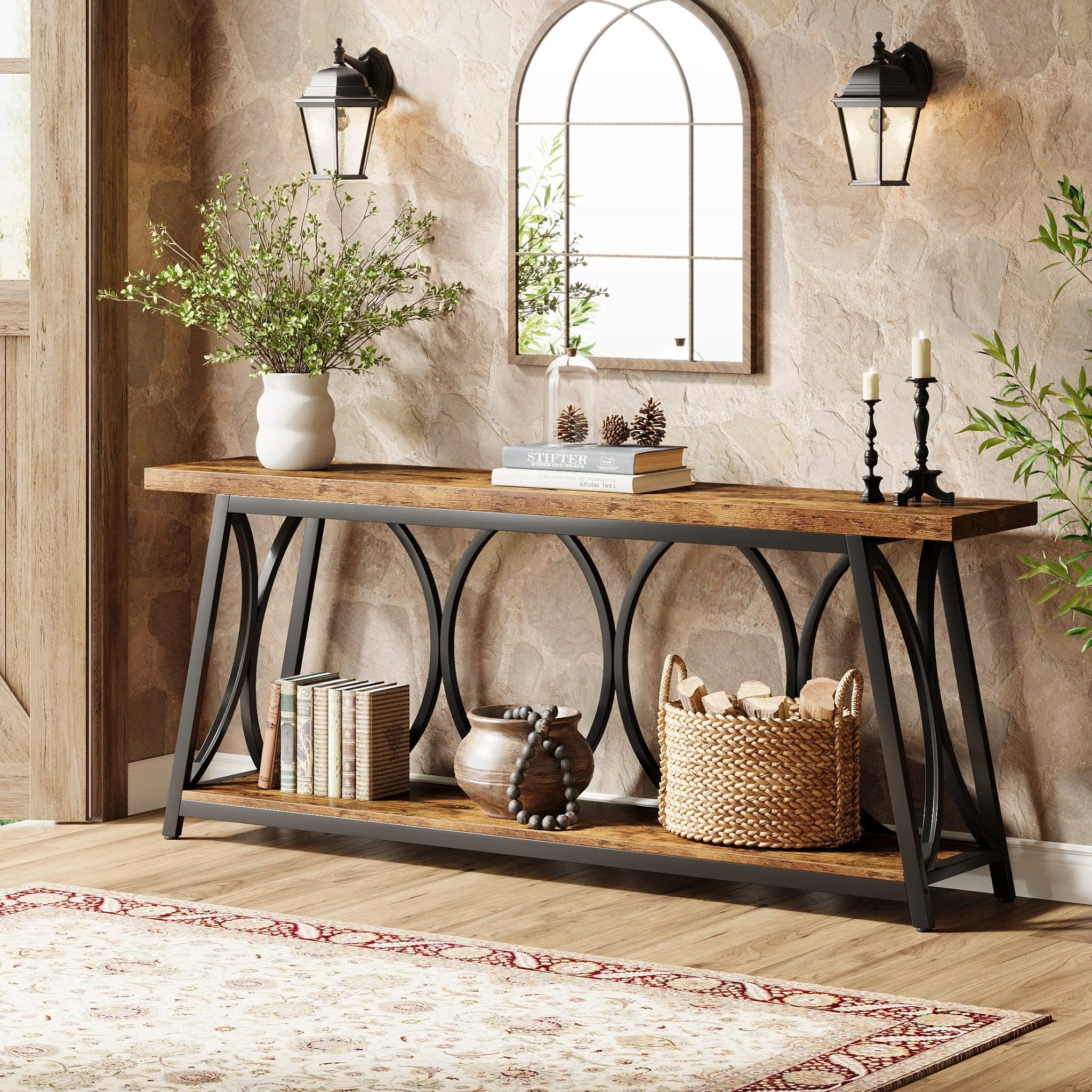70.9" 2-Tier Industrial Console Table, Sofa Table with Shelves for Living Room or Entryway - Image 4