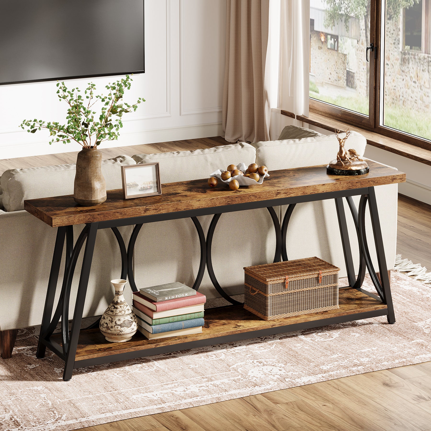 70.9" 2-Tier Industrial Console Table, Sofa Table with Shelves for Living Room or Entryway - Image 5