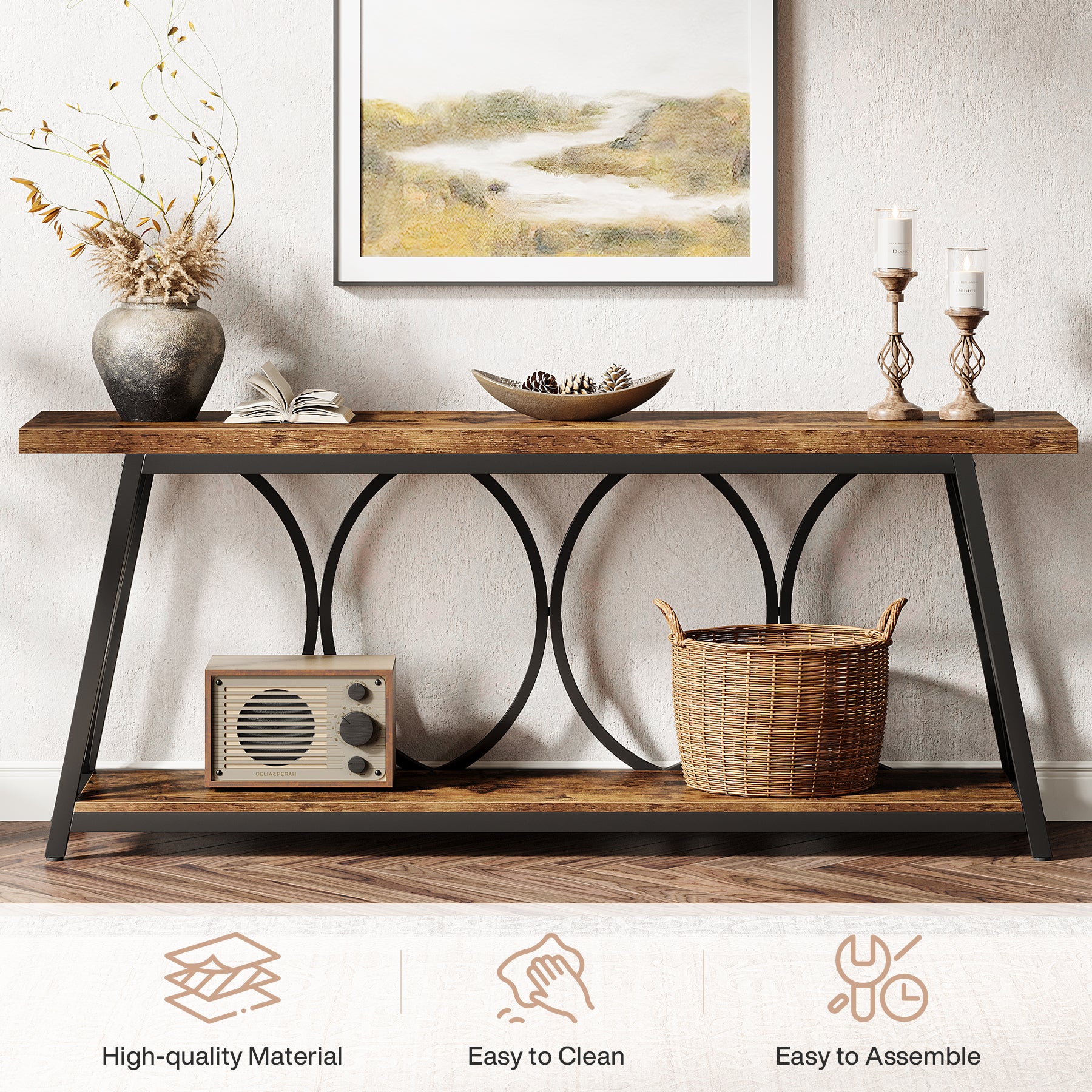 70.9" 2-Tier Industrial Console Table, Sofa Table with Shelves for Living Room or Entryway - Image 8