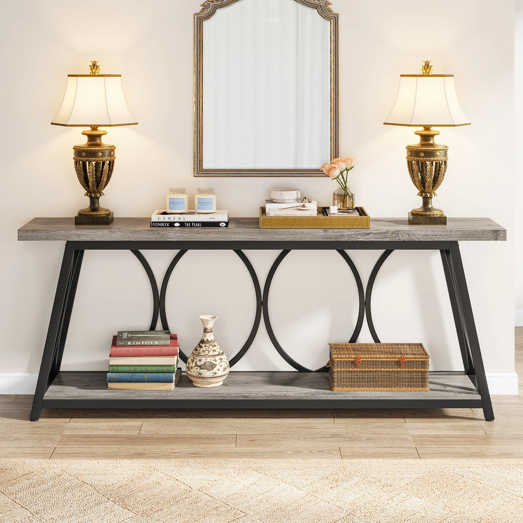 70.9" 2-Tier Industrial Console Table, Sofa Table with Shelves for Living Room or Entryway - Image 9