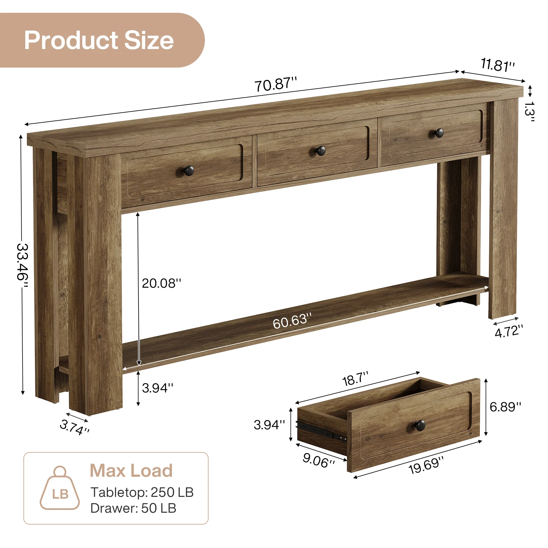 70.9" Extra-Long Console Table with 3 Drawers, Narrow Farmhouse Entryway Sofa Table with Shelf for Hallway or Behind Couch - Image 2