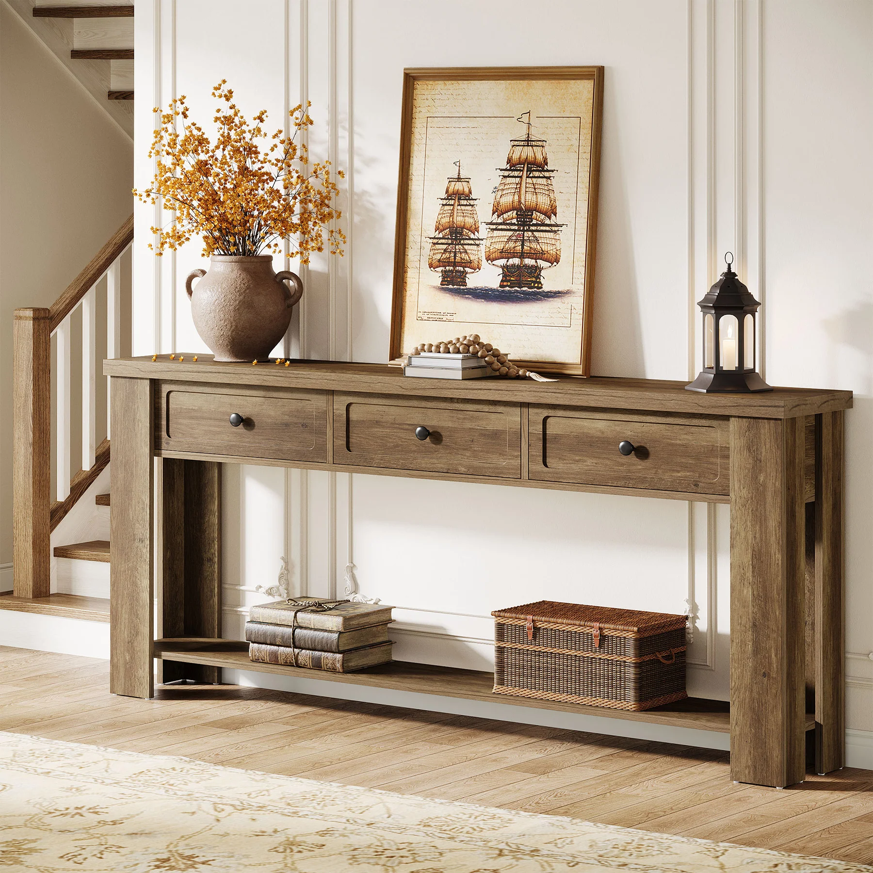 70.9" Extra-Long Console Table with 3 Drawers, Narrow Farmhouse Entryway Sofa Table with Shelf for Hallway or Behind Couch - Image 3