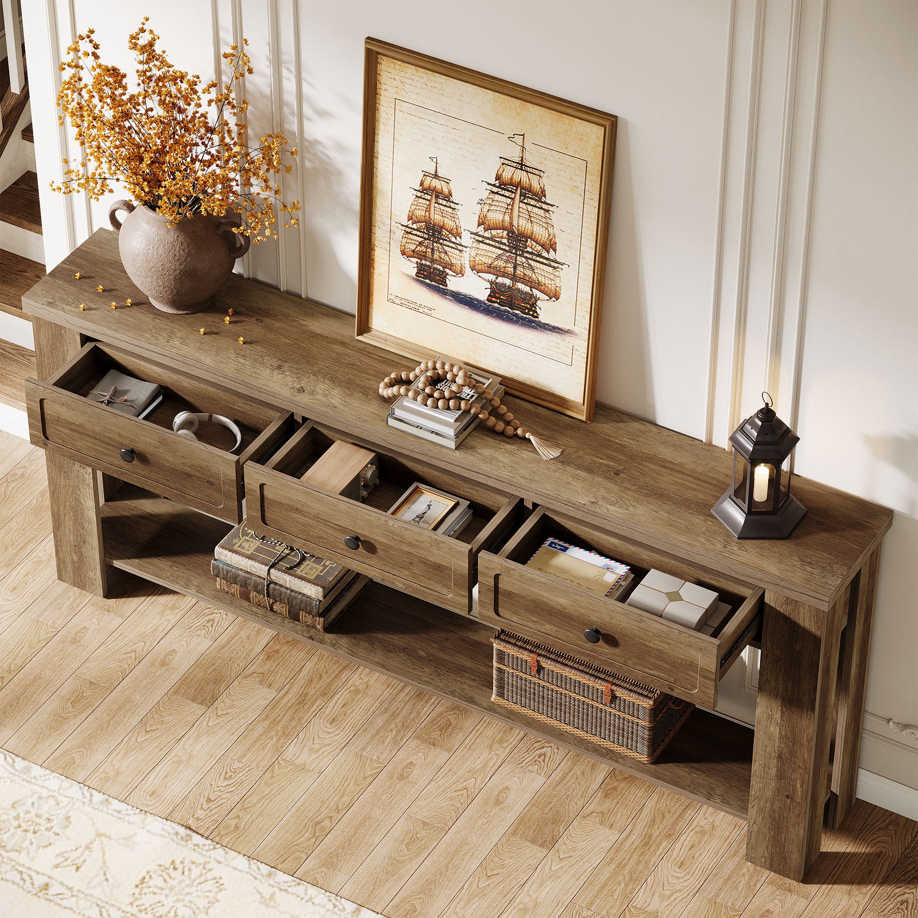 70.9" Extra-Long Console Table with 3 Drawers, Narrow Farmhouse Entryway Sofa Table with Shelf for Hallway or Behind Couch - Image 4