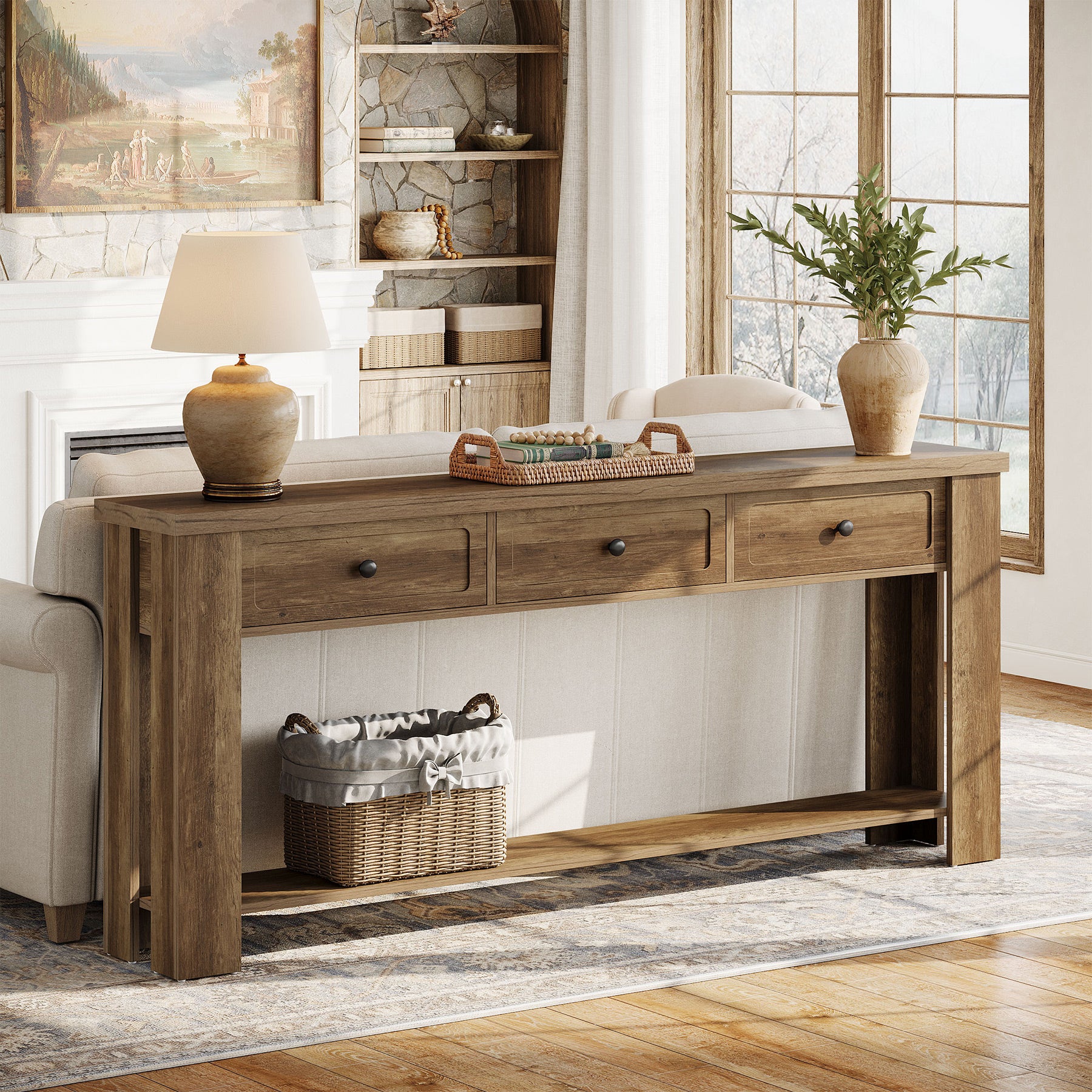 70.9" Extra-Long Console Table with 3 Drawers, Narrow Farmhouse Entryway Sofa Table with Shelf for Hallway or Behind Couch - Image 5